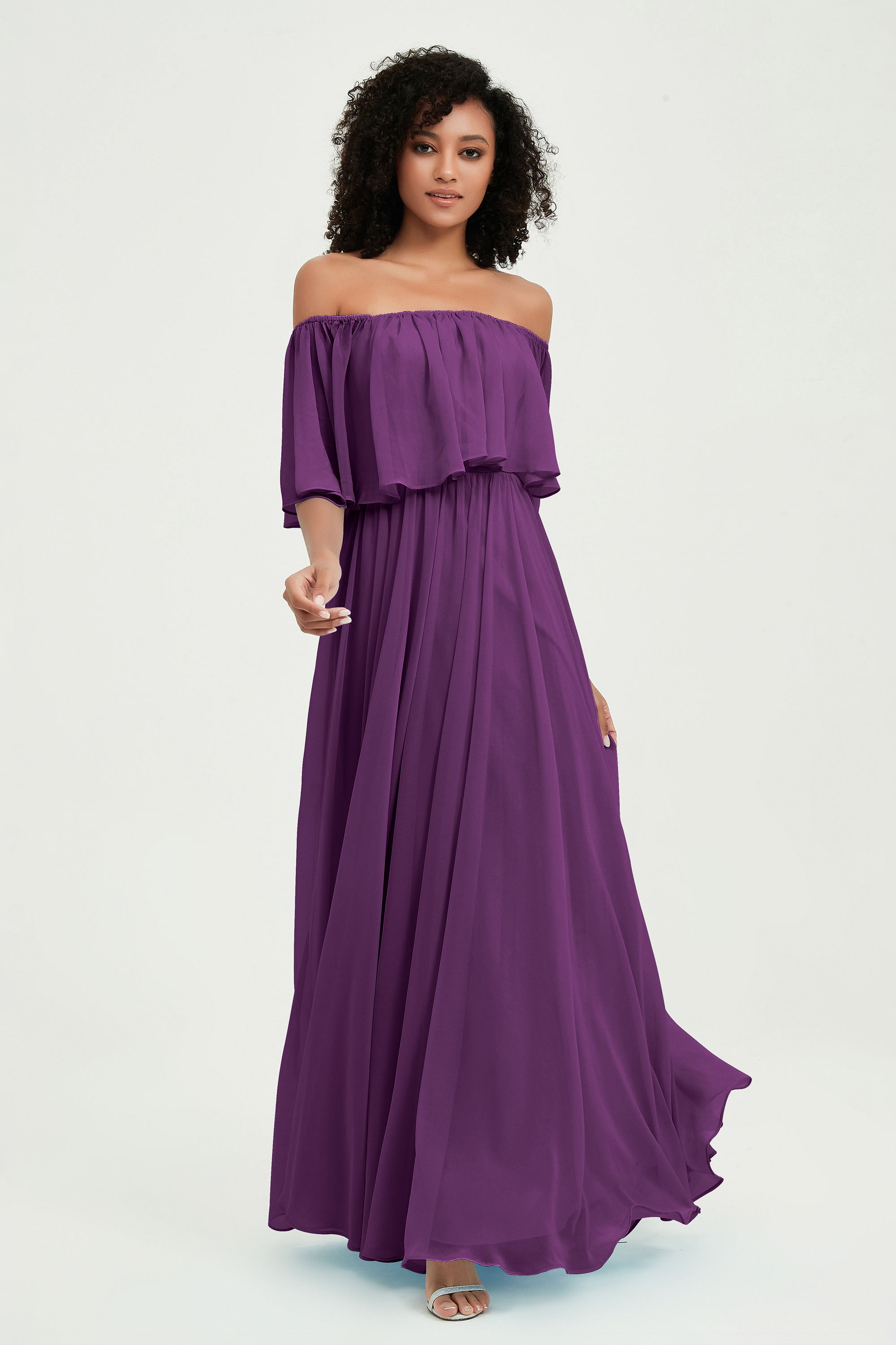 Boho Bridesmaid Dresses Ruffles Flutter Sleeves Formal Evening Dress Chiffon Off the Shoulder Gowns