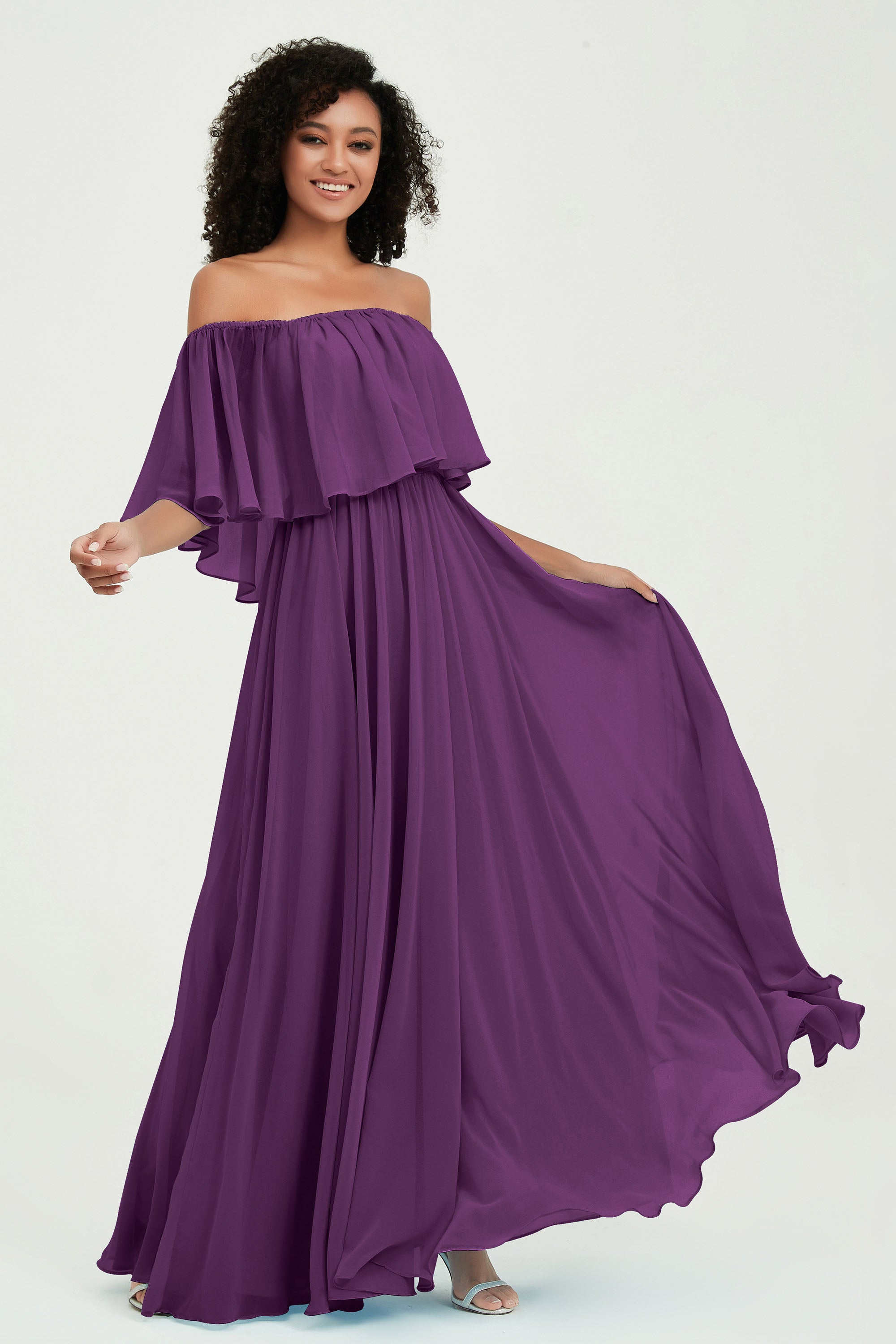 Boho Bridesmaid Dresses Ruffles Flutter Sleeves Formal Evening Dress Chiffon Off the Shoulder Gowns