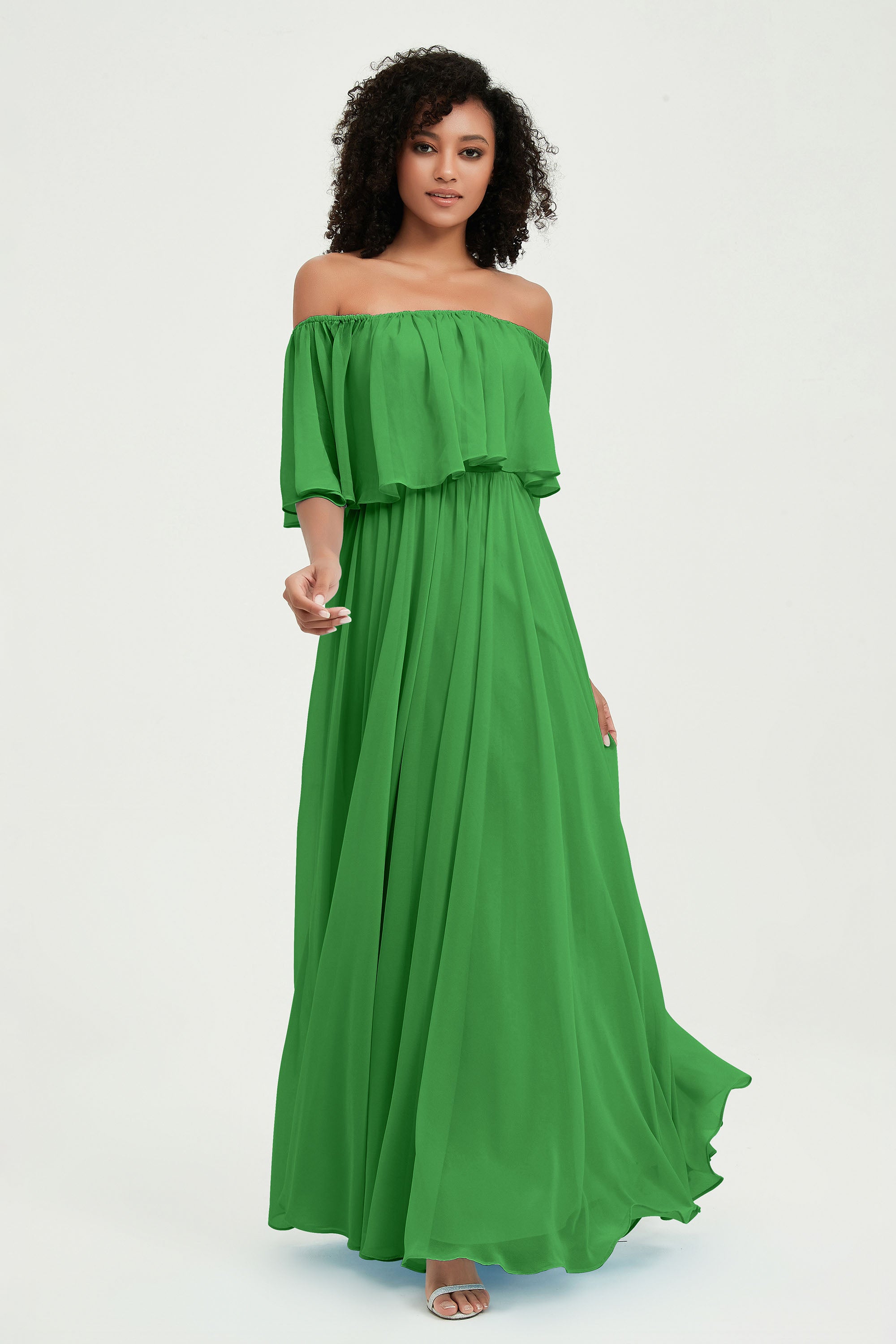 Boho Bridesmaid Dresses Ruffles Flutter Sleeves Formal Evening Dress Chiffon Off the Shoulder Gowns