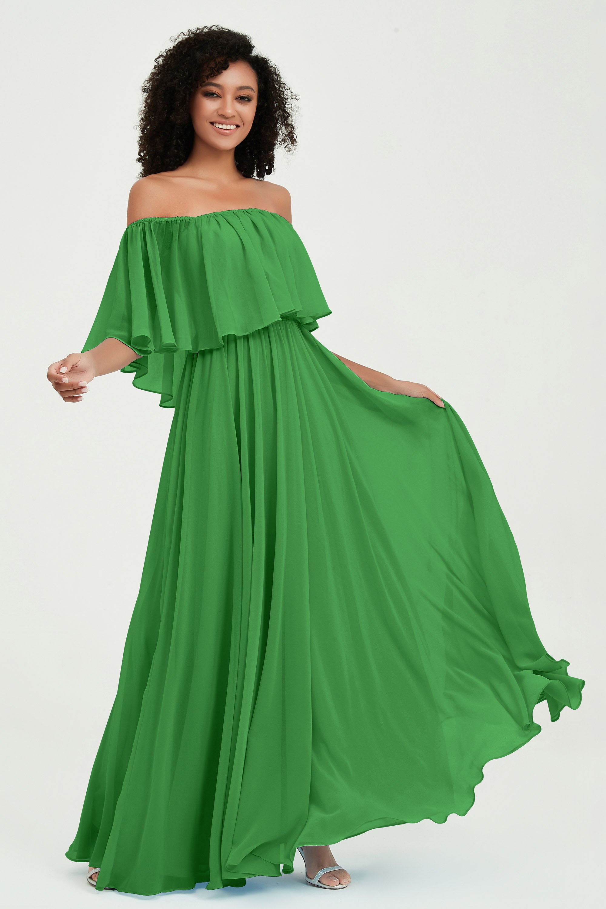 Boho Bridesmaid Dresses Ruffles Flutter Sleeves Formal Evening Dress Chiffon Off the Shoulder Gowns