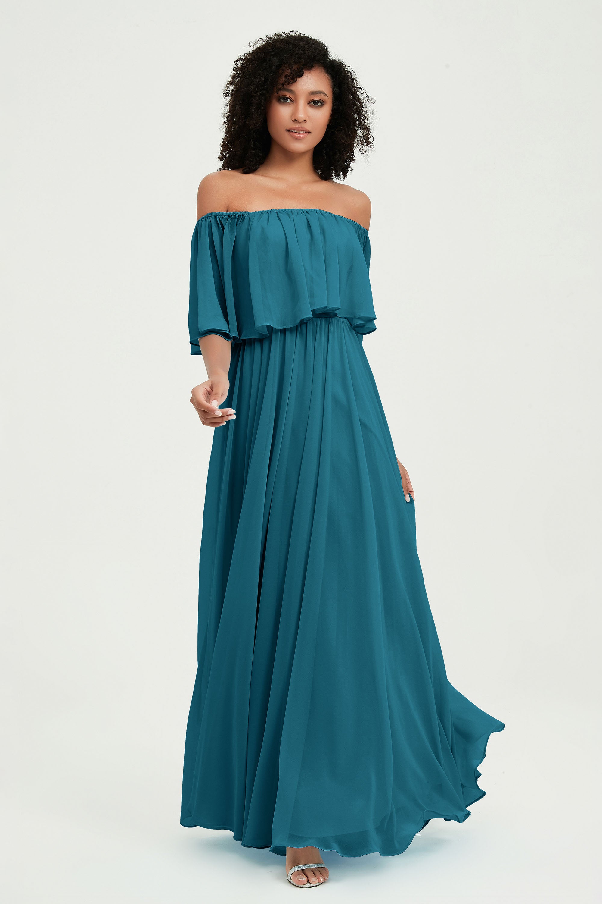 Boho Bridesmaid Dresses Ruffles Flutter Sleeves Formal Evening Dress Chiffon Off the Shoulder Gowns