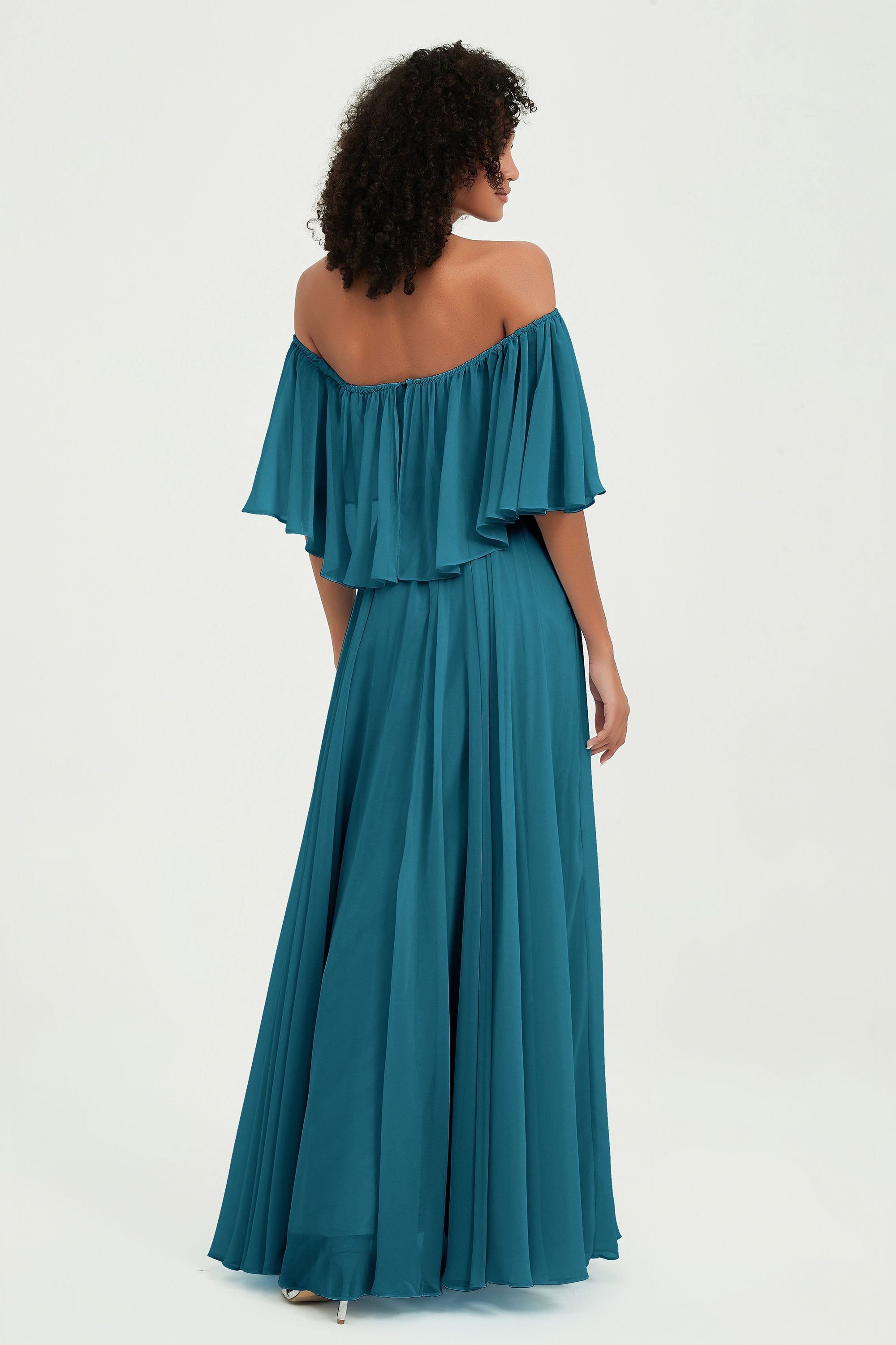 Boho Bridesmaid Dresses Ruffles Flutter Sleeves Formal Evening Dress Chiffon Off the Shoulder Gowns