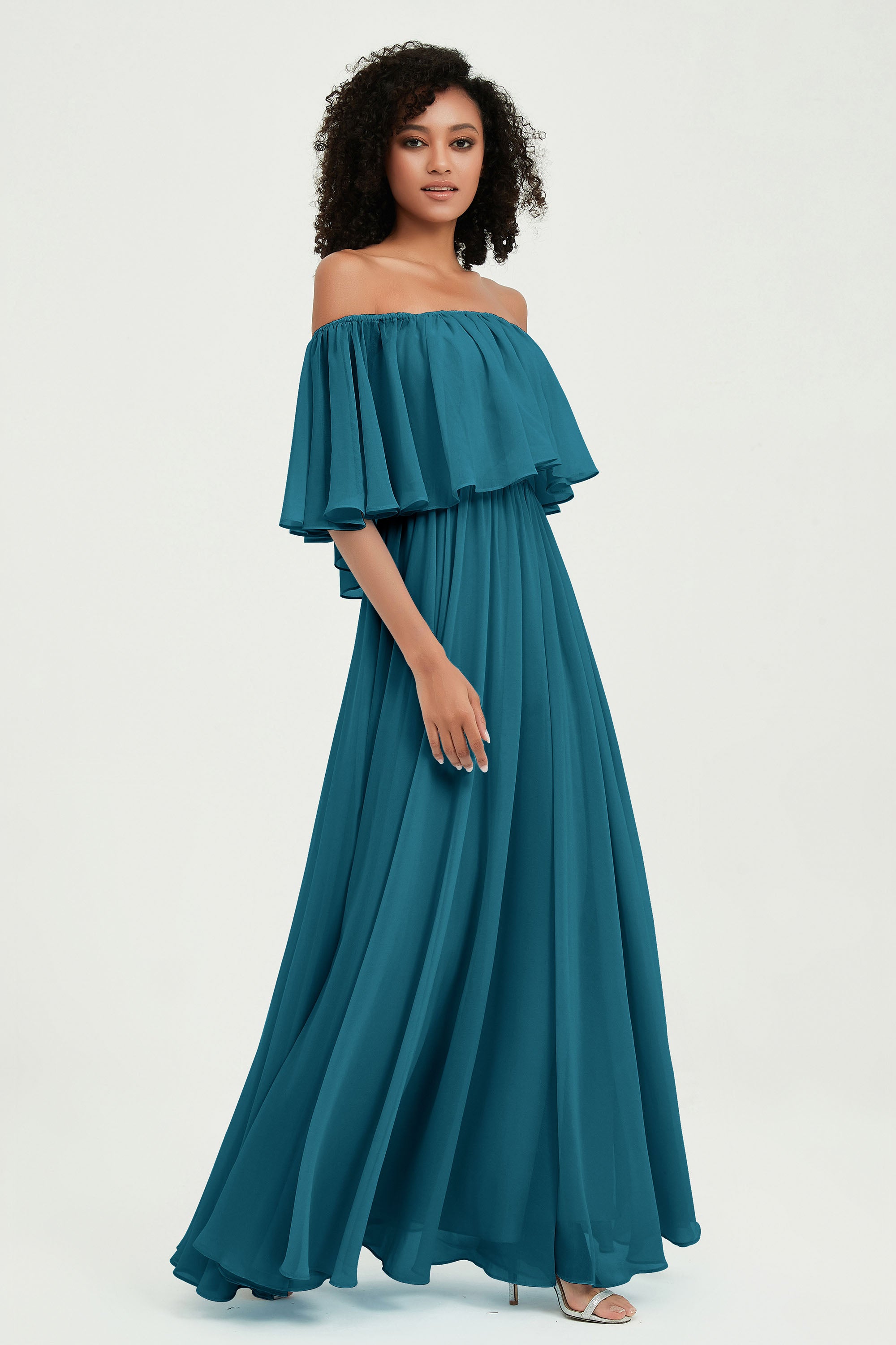Boho Bridesmaid Dresses Ruffles Flutter Sleeves Formal Evening Dress Chiffon Off the Shoulder Gowns