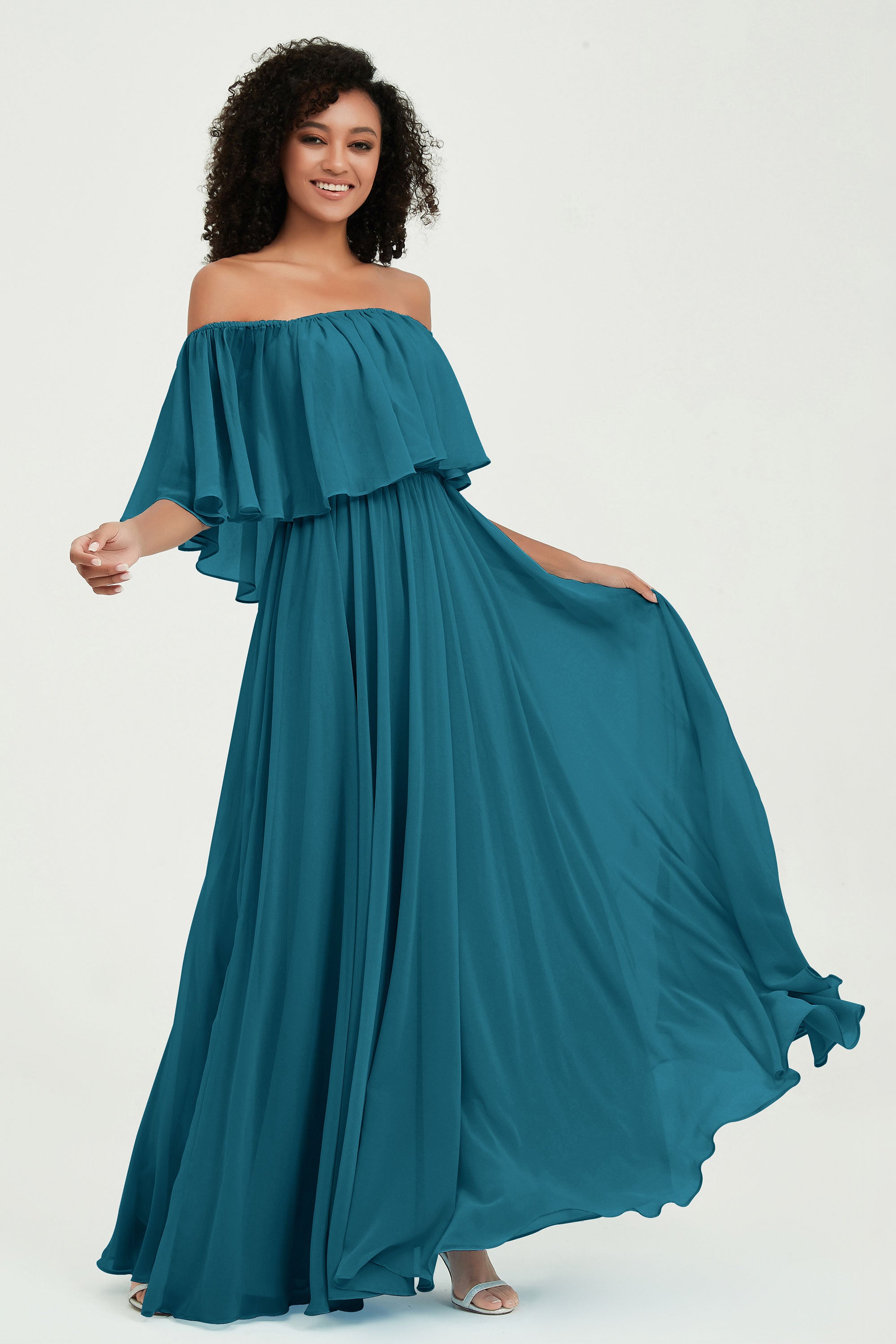 Boho Bridesmaid Dresses Ruffles Flutter Sleeves Formal Evening Dress Chiffon Off the Shoulder Gowns