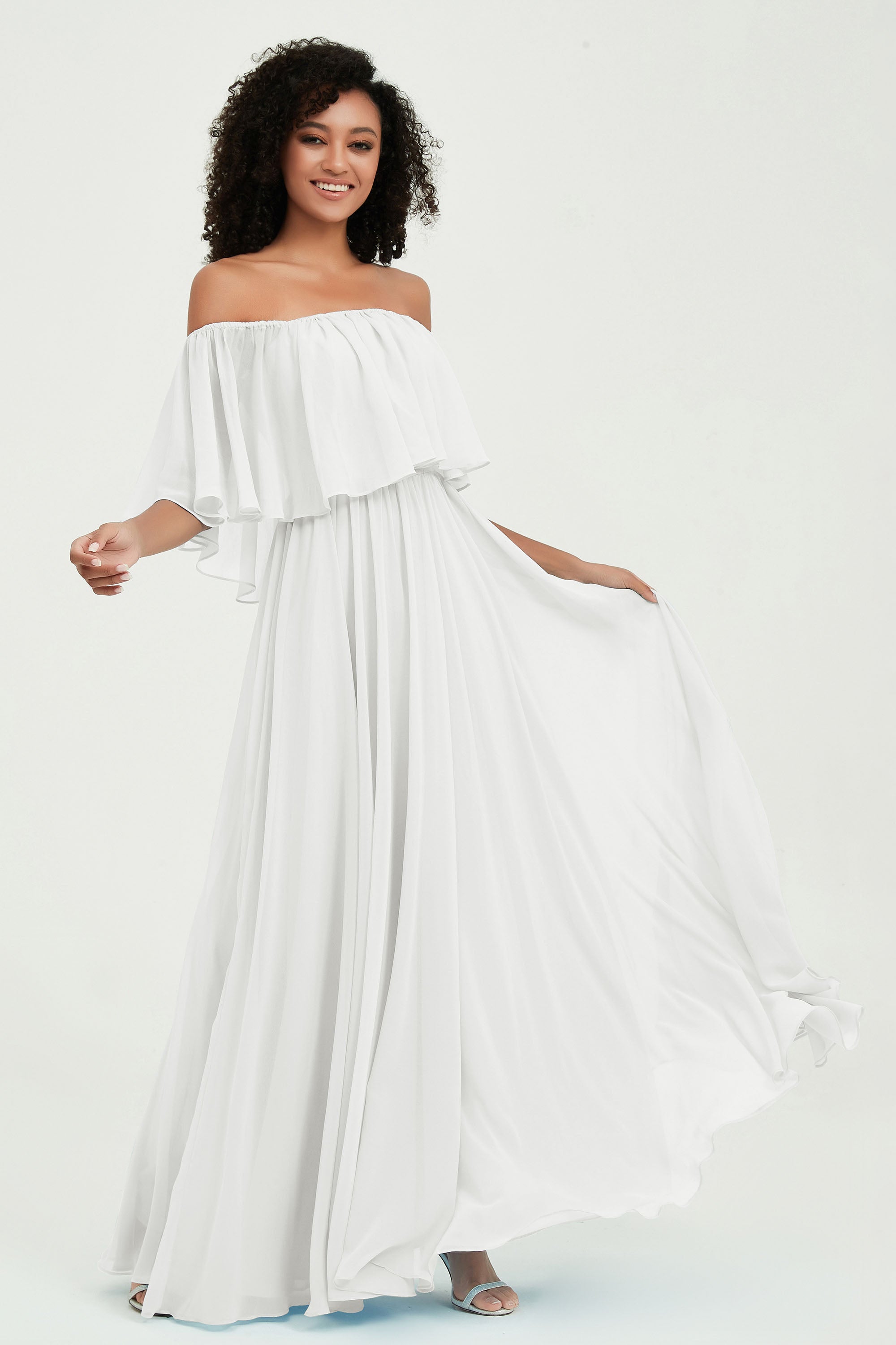 Boho Bridesmaid Dresses Ruffles Flutter Sleeves Formal Evening Dress Chiffon Off the Shoulder Gowns