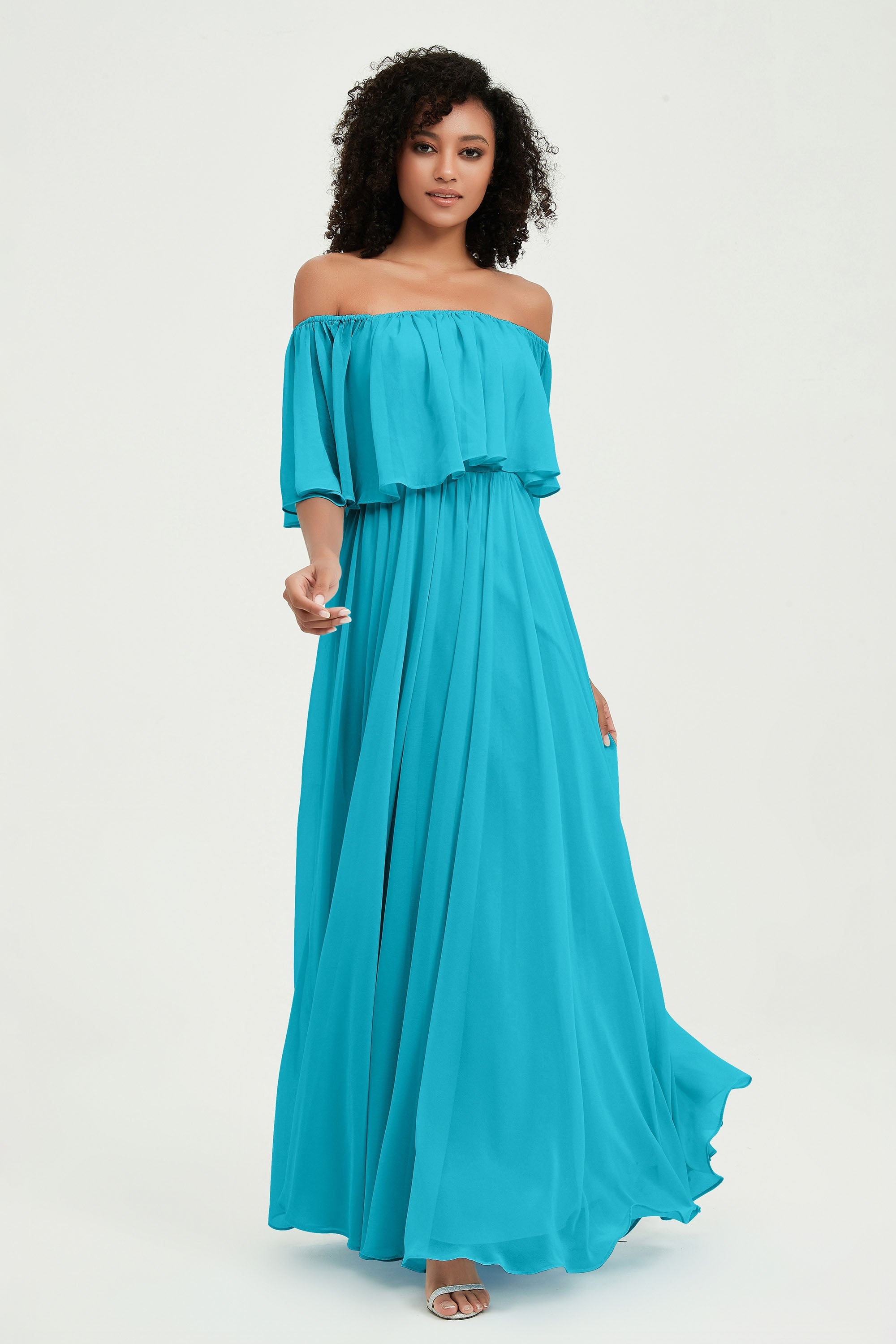 Boho Bridesmaid Dresses Ruffles Flutter Sleeves Formal Evening Dress Chiffon Off the Shoulder Gowns