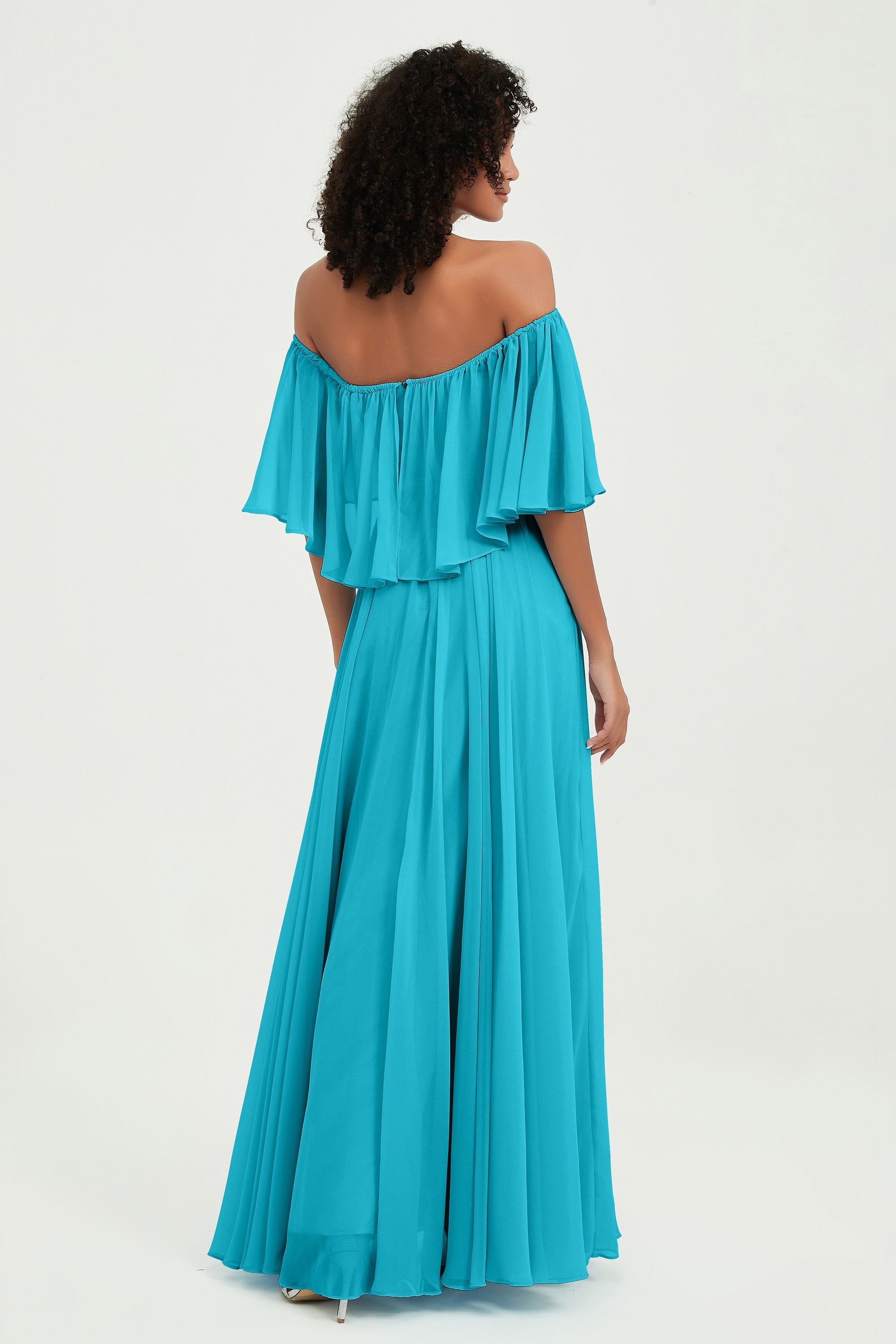 Boho Bridesmaid Dresses Ruffles Flutter Sleeves Formal Evening Dress Chiffon Off the Shoulder Gowns