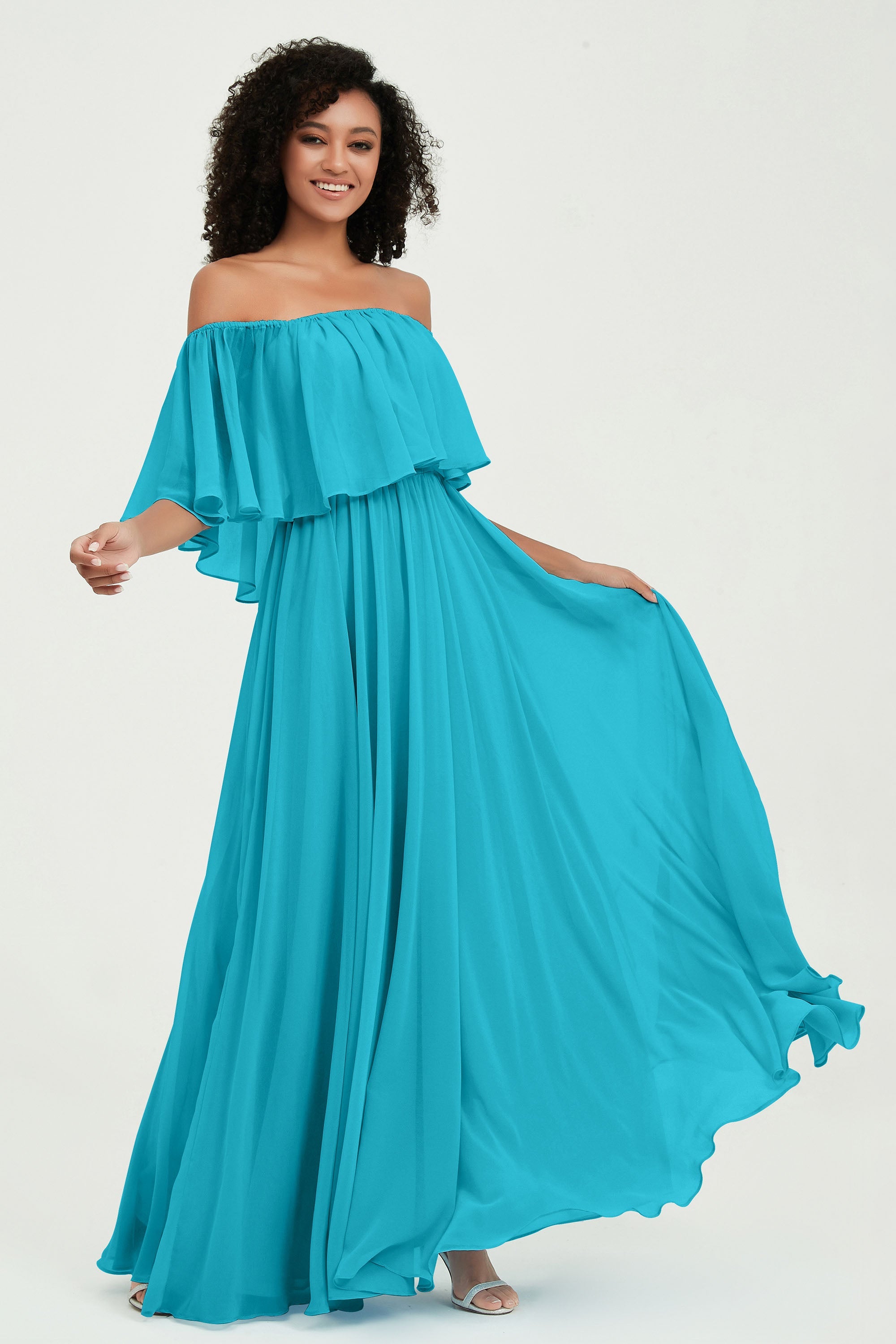 Boho Bridesmaid Dresses Ruffles Flutter Sleeves Formal Evening Dress Chiffon Off the Shoulder Gowns