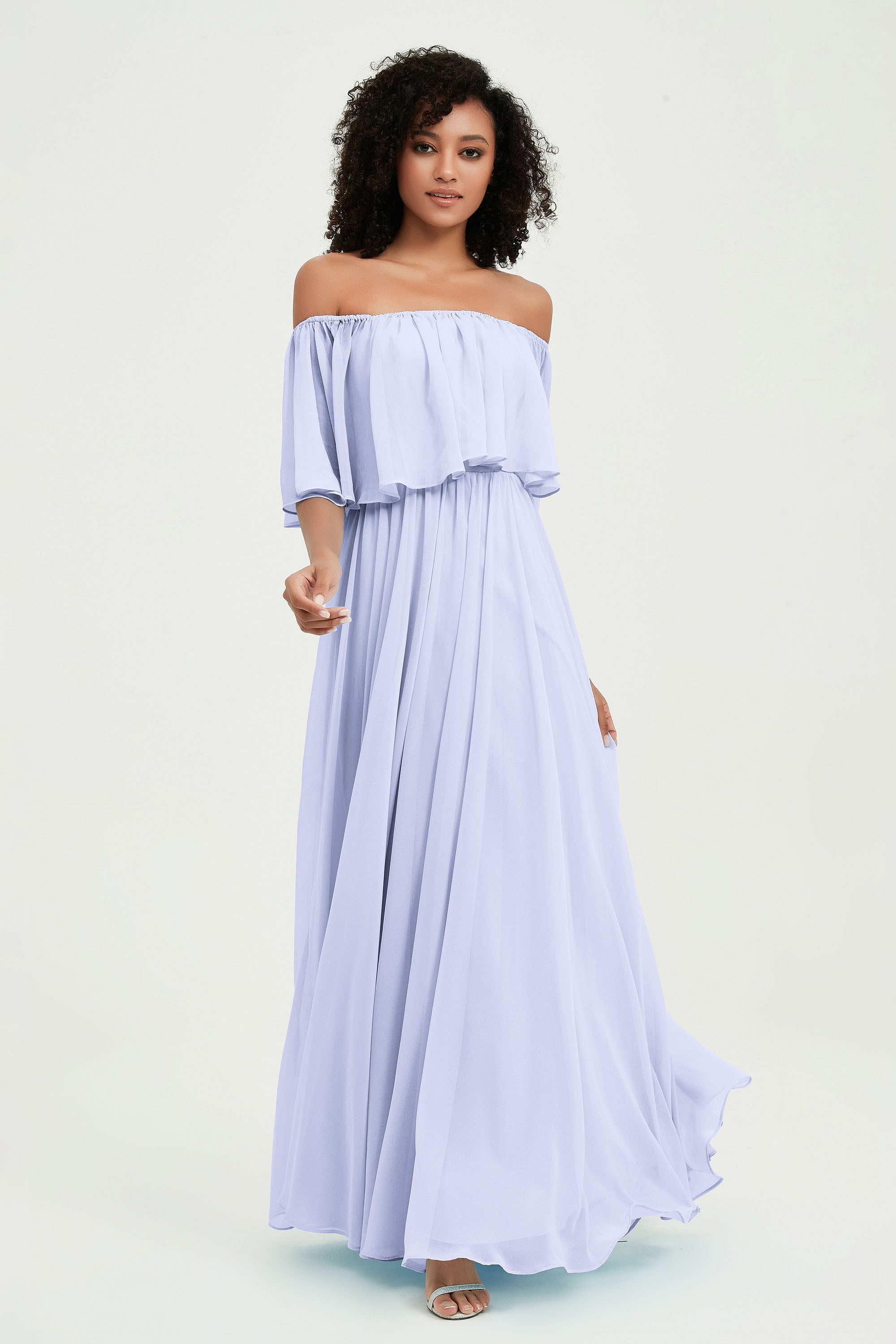 Boho Bridesmaid Dresses Ruffles Flutter Sleeves Formal Evening Dress Chiffon Off the Shoulder Gowns