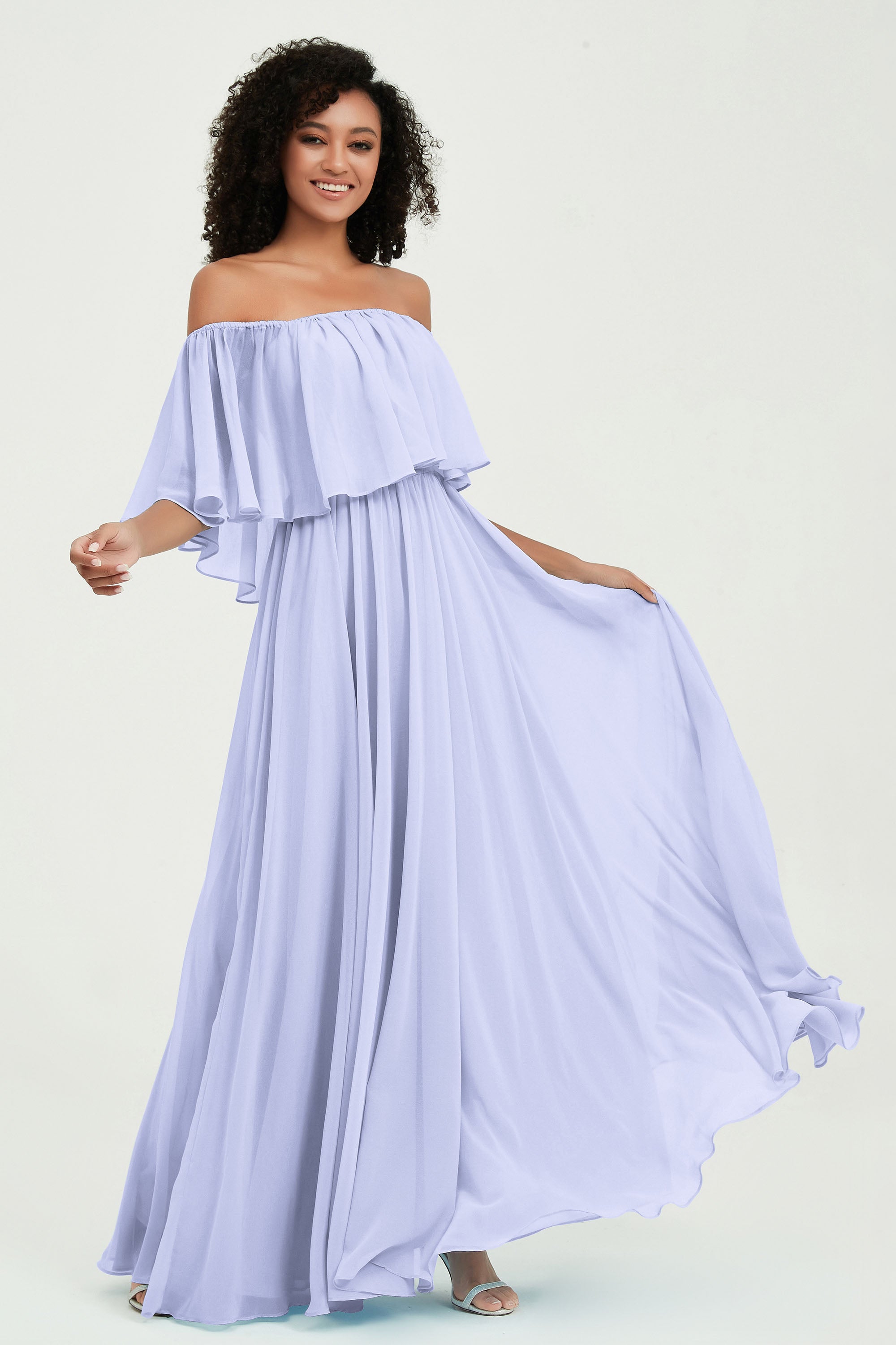 Boho Bridesmaid Dresses Ruffles Flutter Sleeves Formal Evening Dress Chiffon Off the Shoulder Gowns