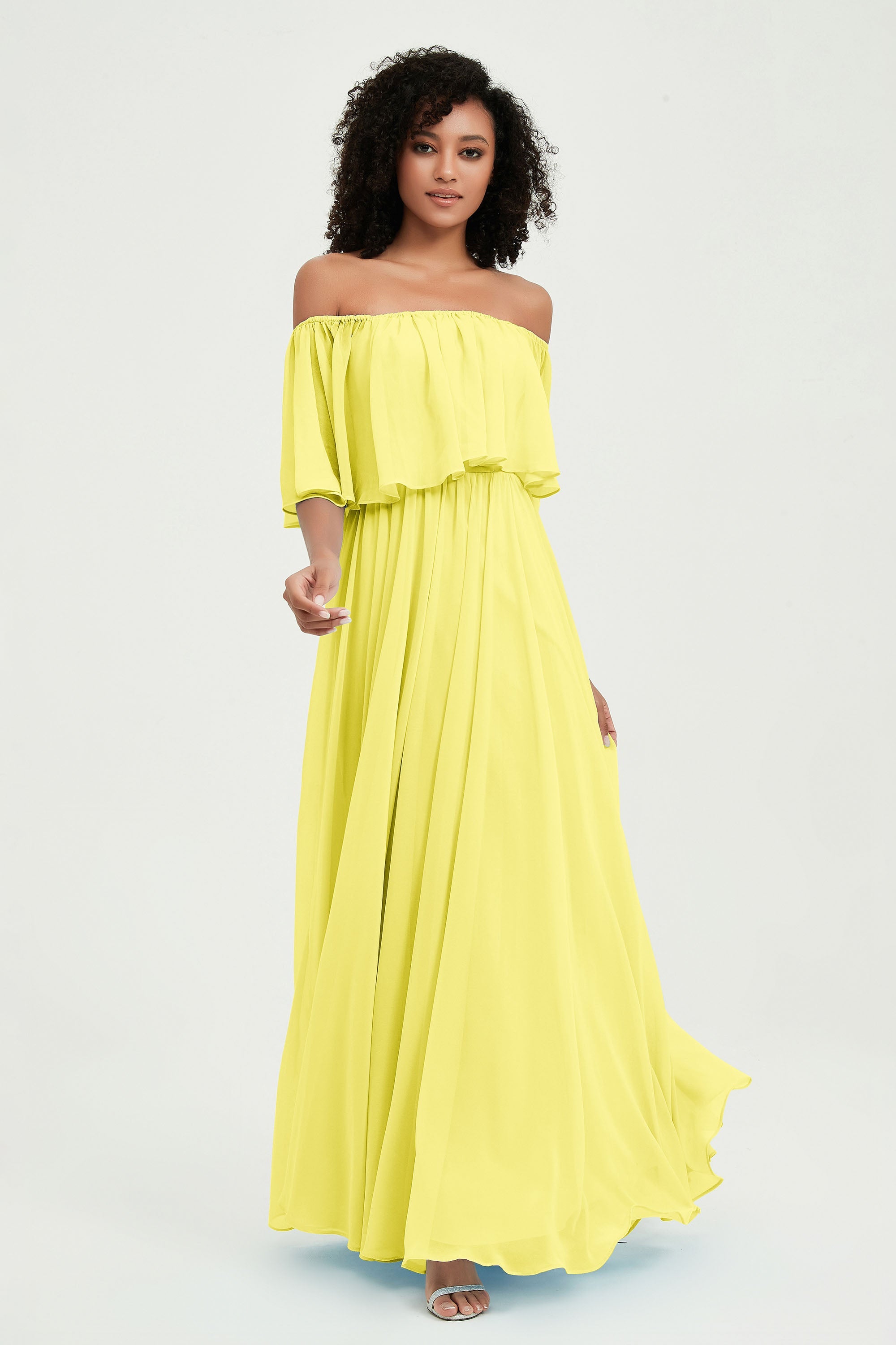 Boho Bridesmaid Dresses Ruffles Flutter Sleeves Formal Evening Dress Chiffon Off the Shoulder Gowns