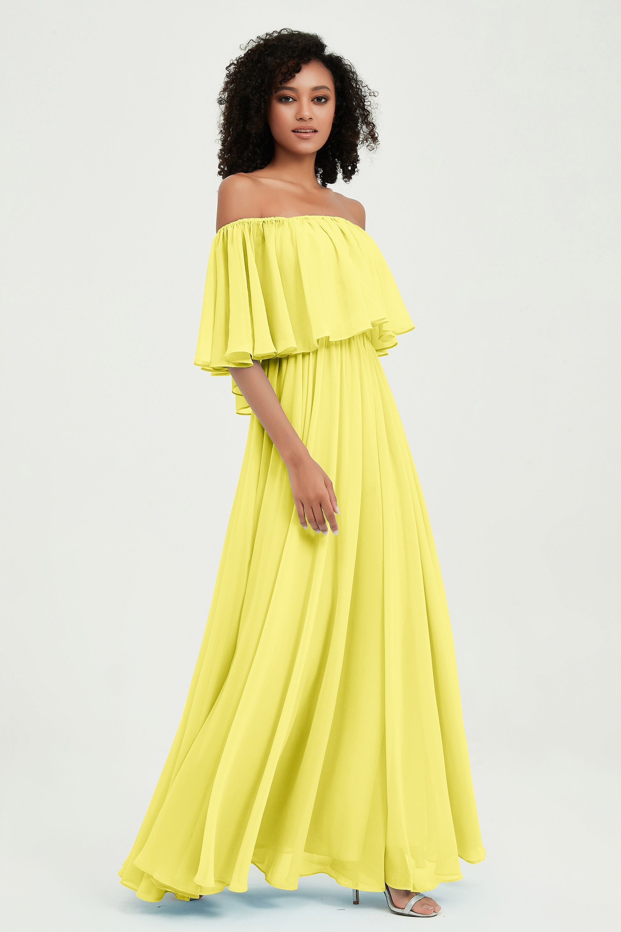 Boho Bridesmaid Dresses Ruffles Flutter Sleeves Formal Evening Dress Chiffon Off the Shoulder Gowns