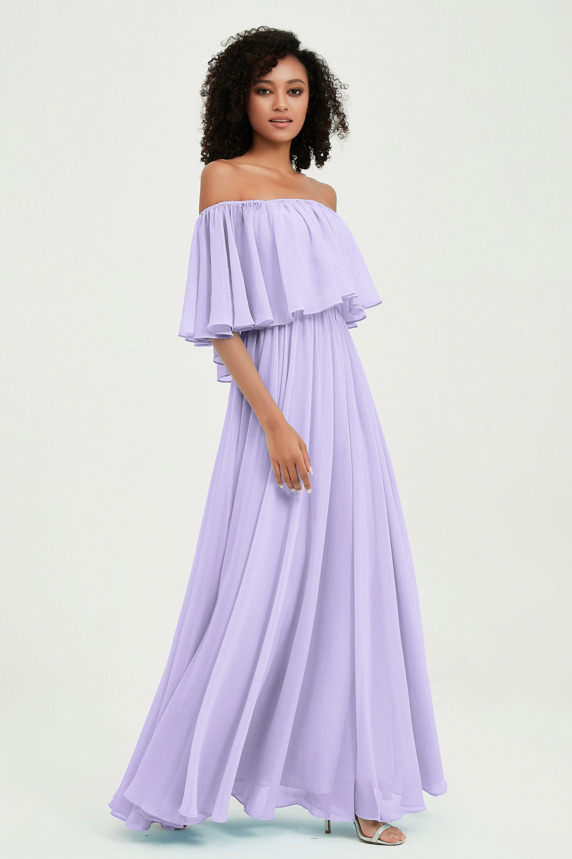 Boho Bridesmaid Dresses Ruffles Flutter Sleeves Formal Evening Dress Chiffon Off the Shoulder Gowns