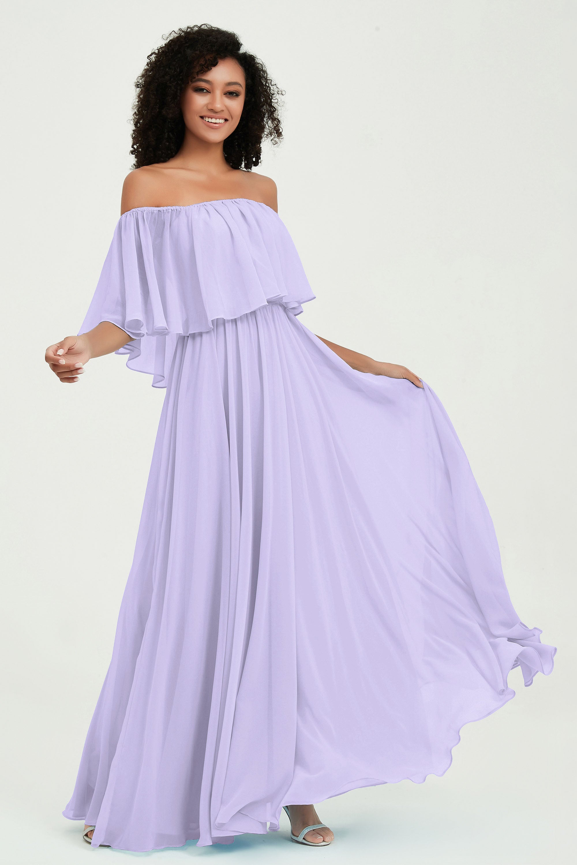 Boho Bridesmaid Dresses Ruffles Flutter Sleeves Formal Evening Dress Chiffon Off the Shoulder Gowns