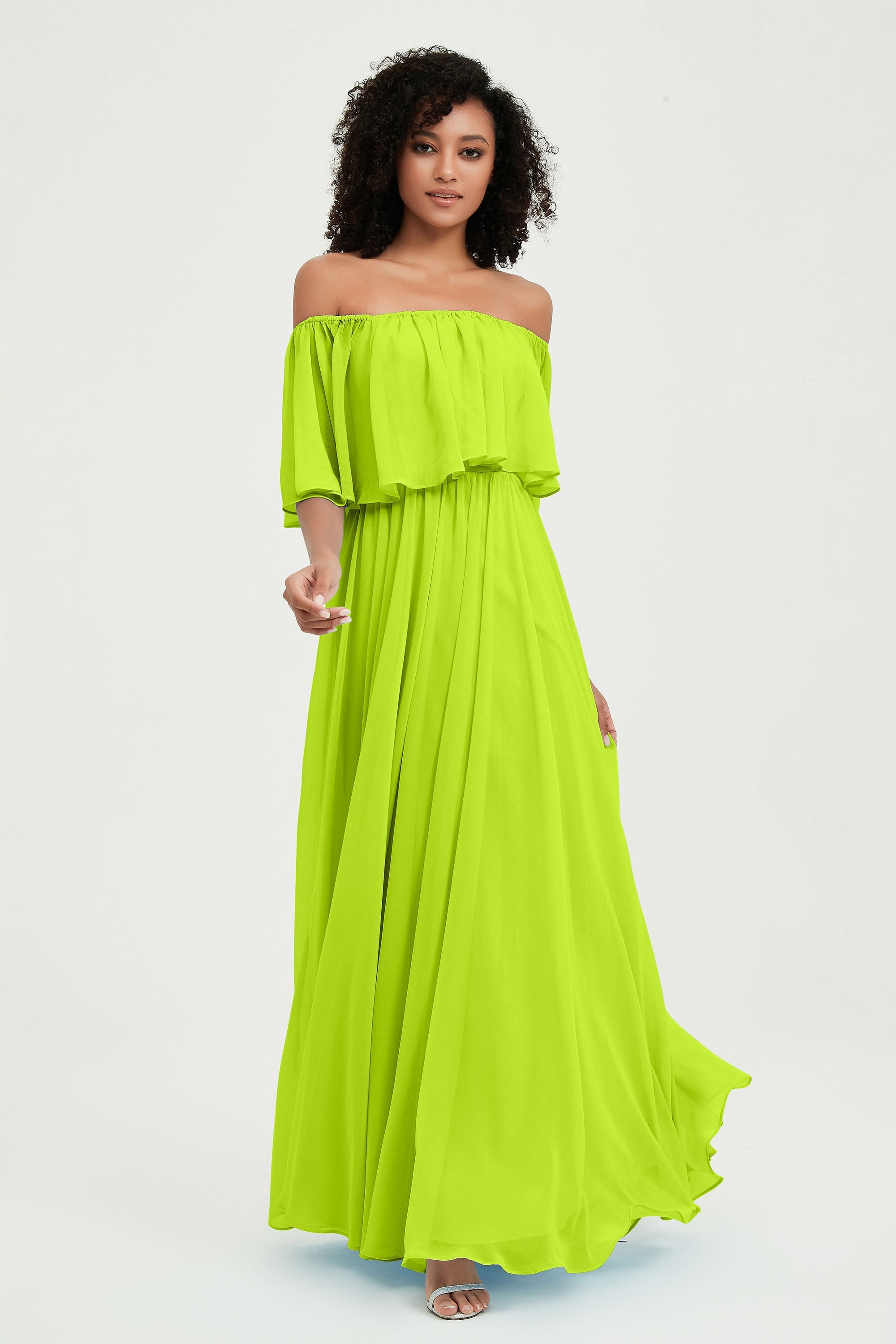 Boho Bridesmaid Dresses Ruffles Flutter Sleeves Formal Evening Dress Chiffon Off the Shoulder Gowns