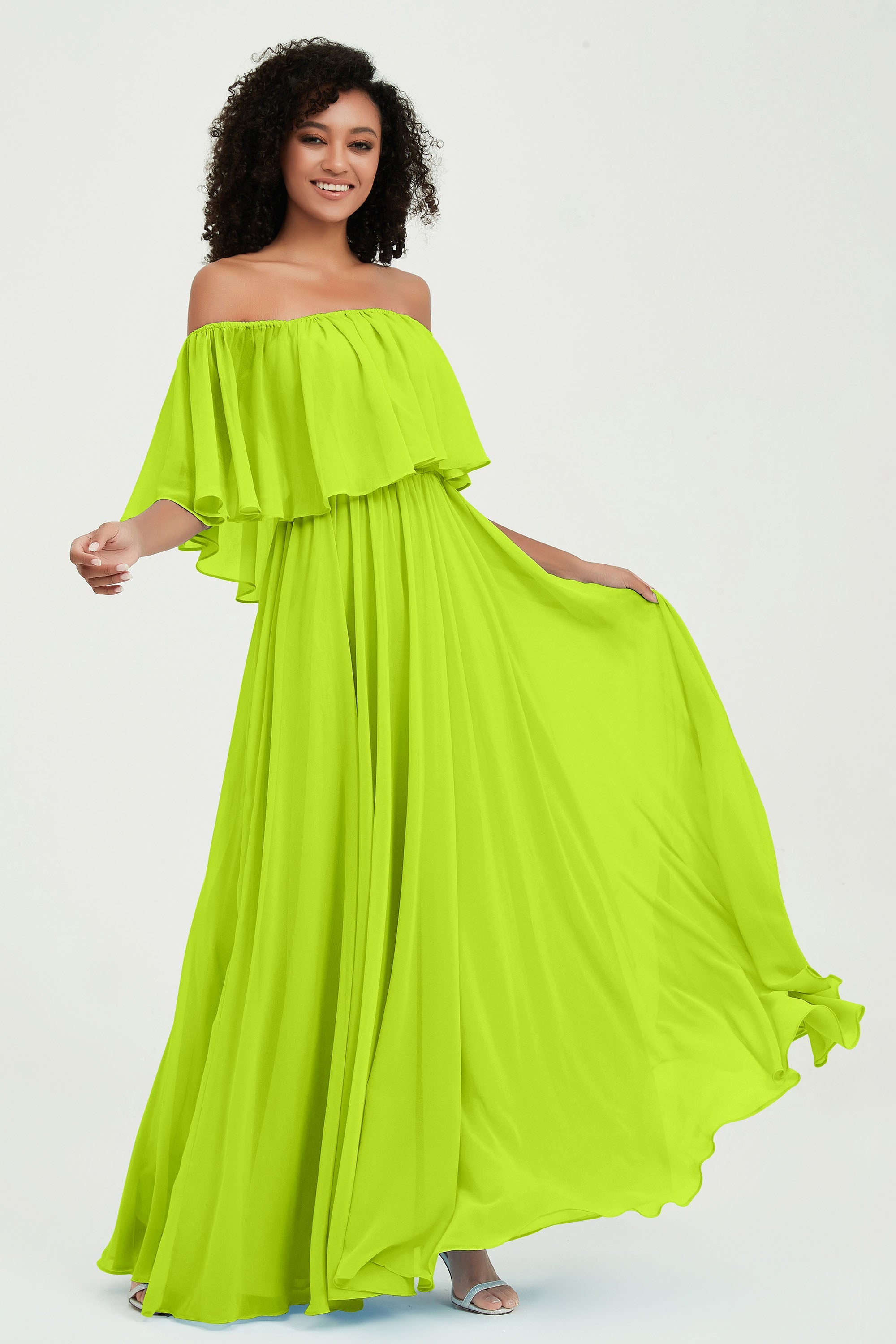 Boho Bridesmaid Dresses Ruffles Flutter Sleeves Formal Evening Dress Chiffon Off the Shoulder Gowns