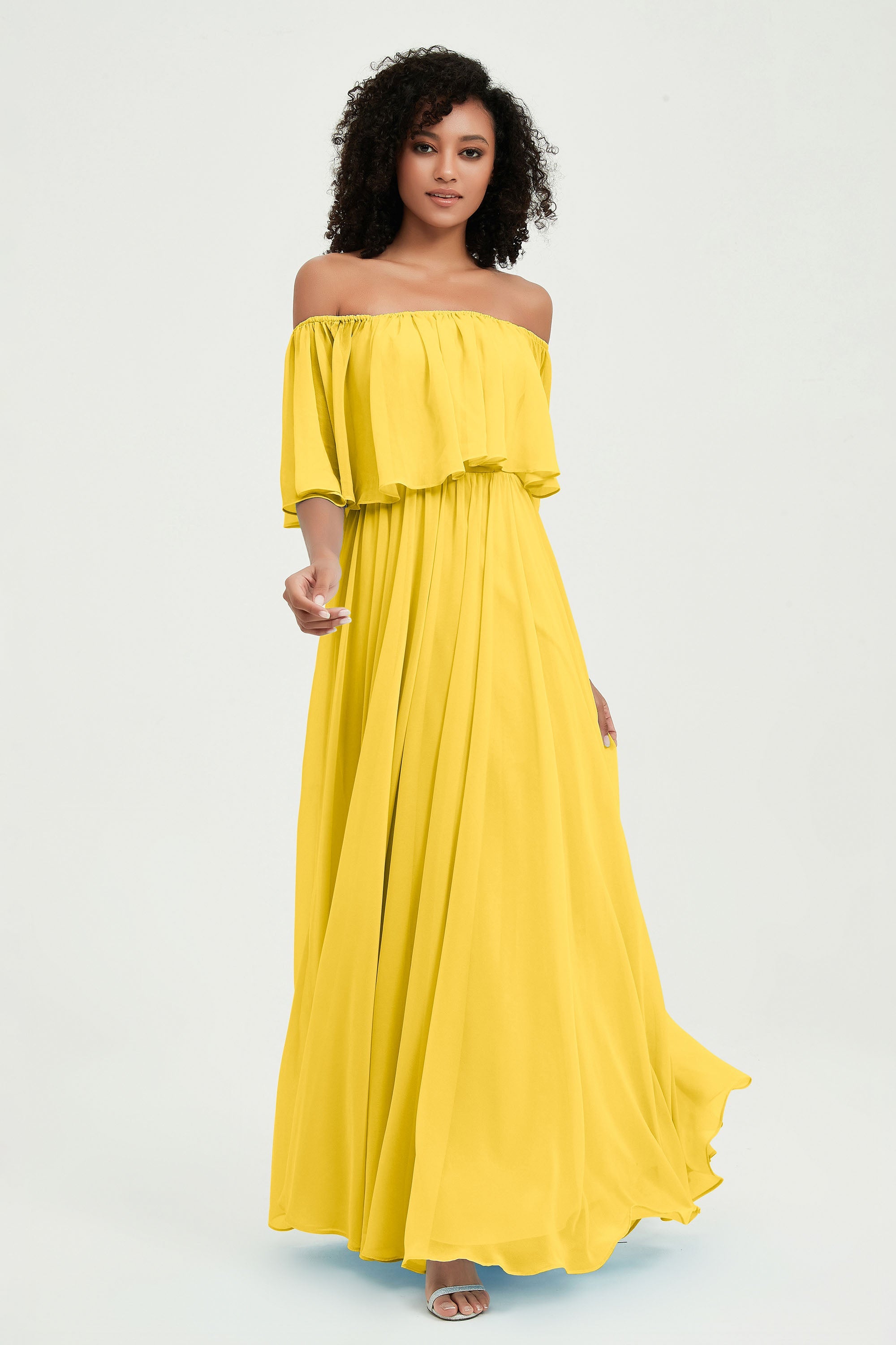 Boho Bridesmaid Dresses Ruffles Flutter Sleeves Formal Evening Dress Chiffon Off the Shoulder Gowns