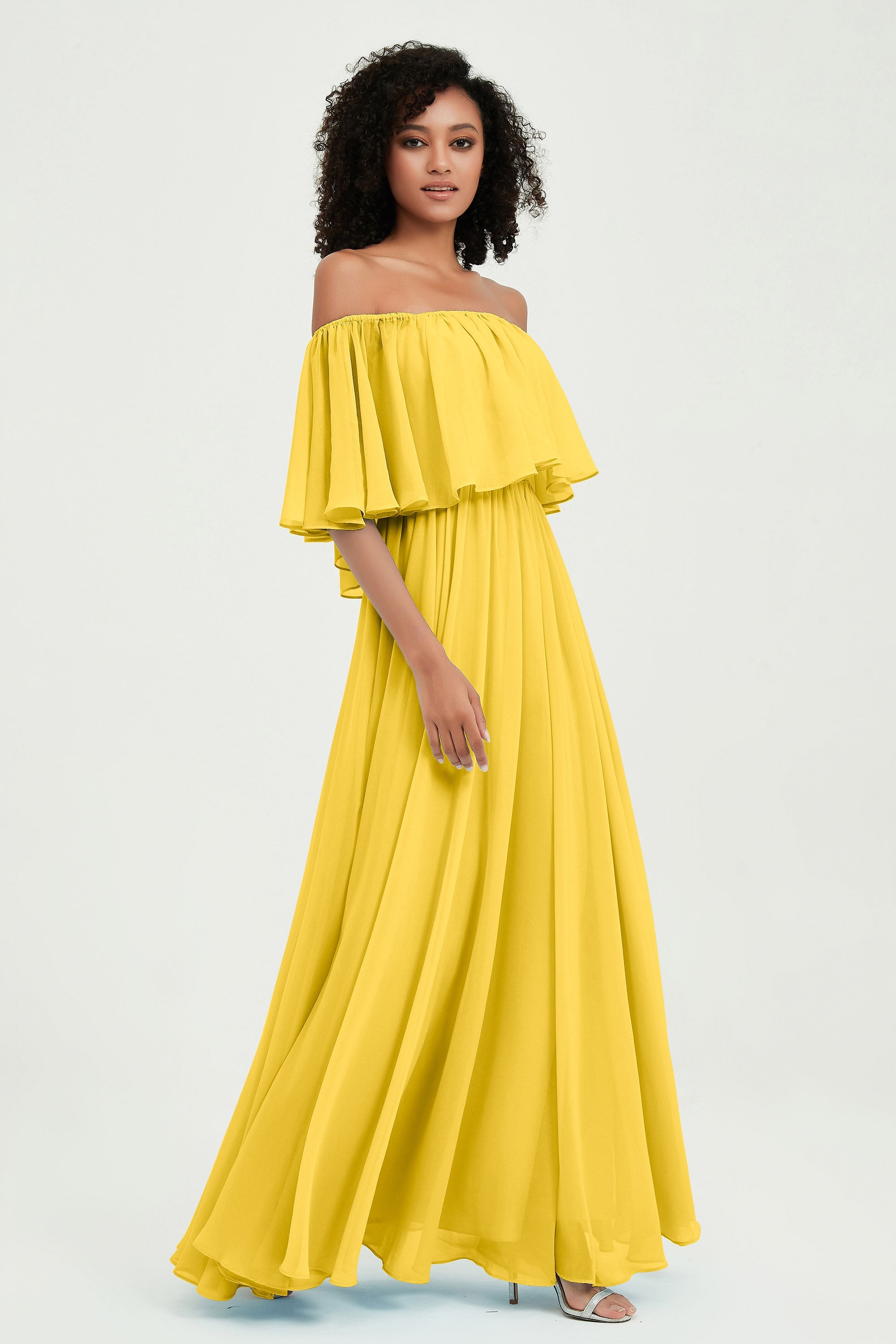 Boho Bridesmaid Dresses Ruffles Flutter Sleeves Formal Evening Dress Chiffon Off the Shoulder Gowns