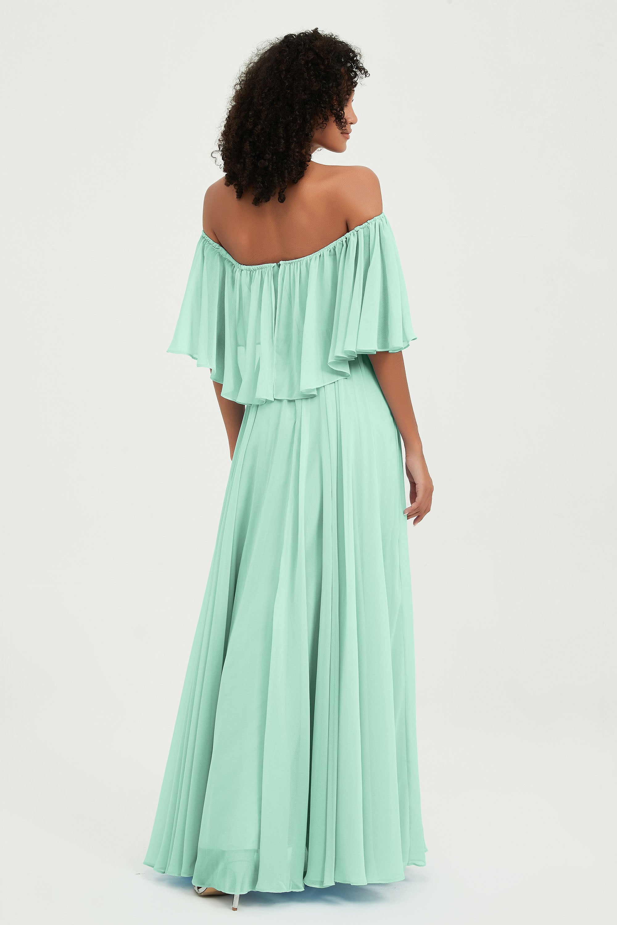 Boho Bridesmaid Dresses Ruffles Flutter Sleeves Formal Evening Dress Chiffon Off the Shoulder Gowns