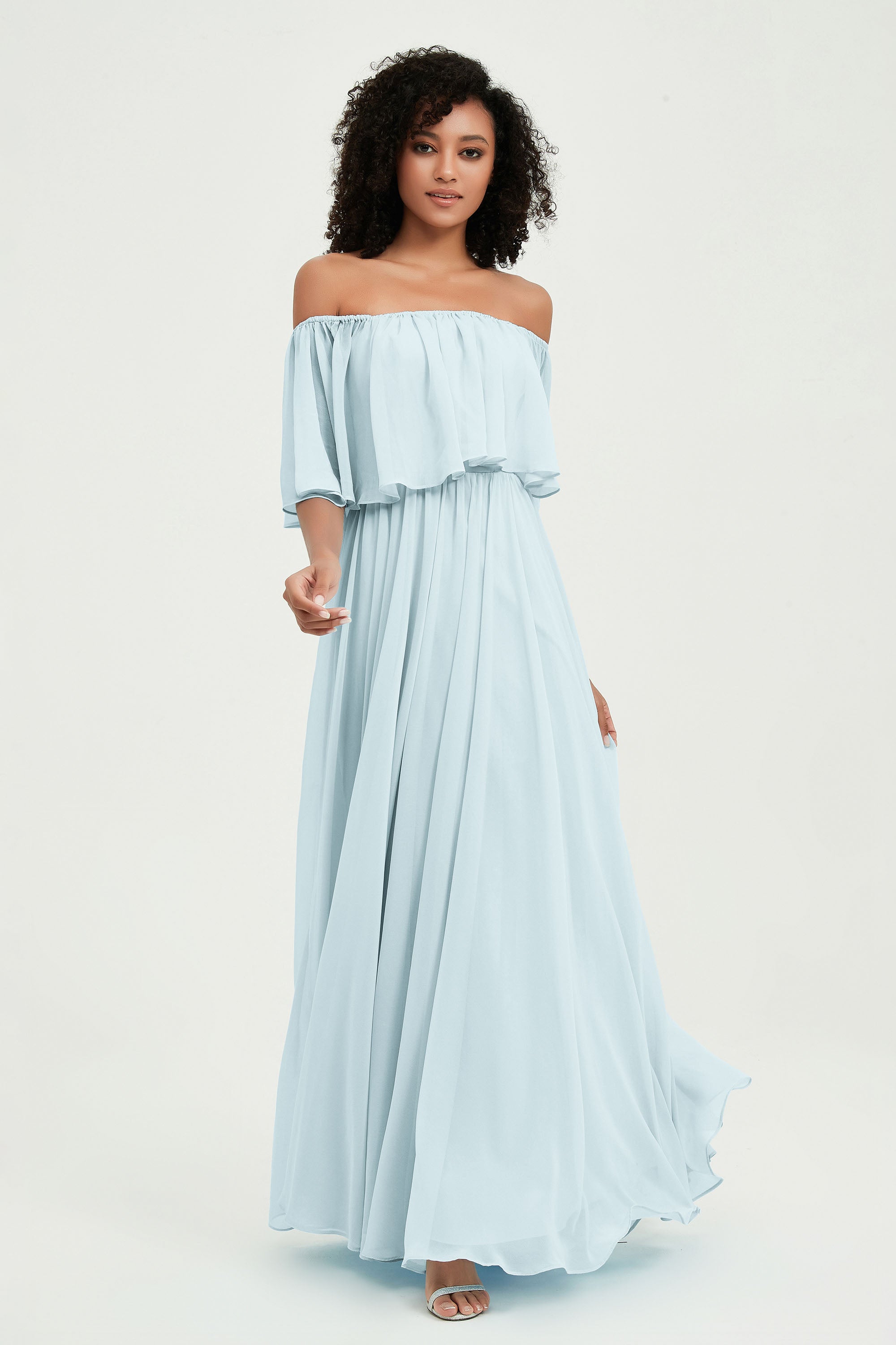 Boho Bridesmaid Dresses Ruffles Flutter Sleeves Formal Evening Dress Chiffon Off the Shoulder Gowns