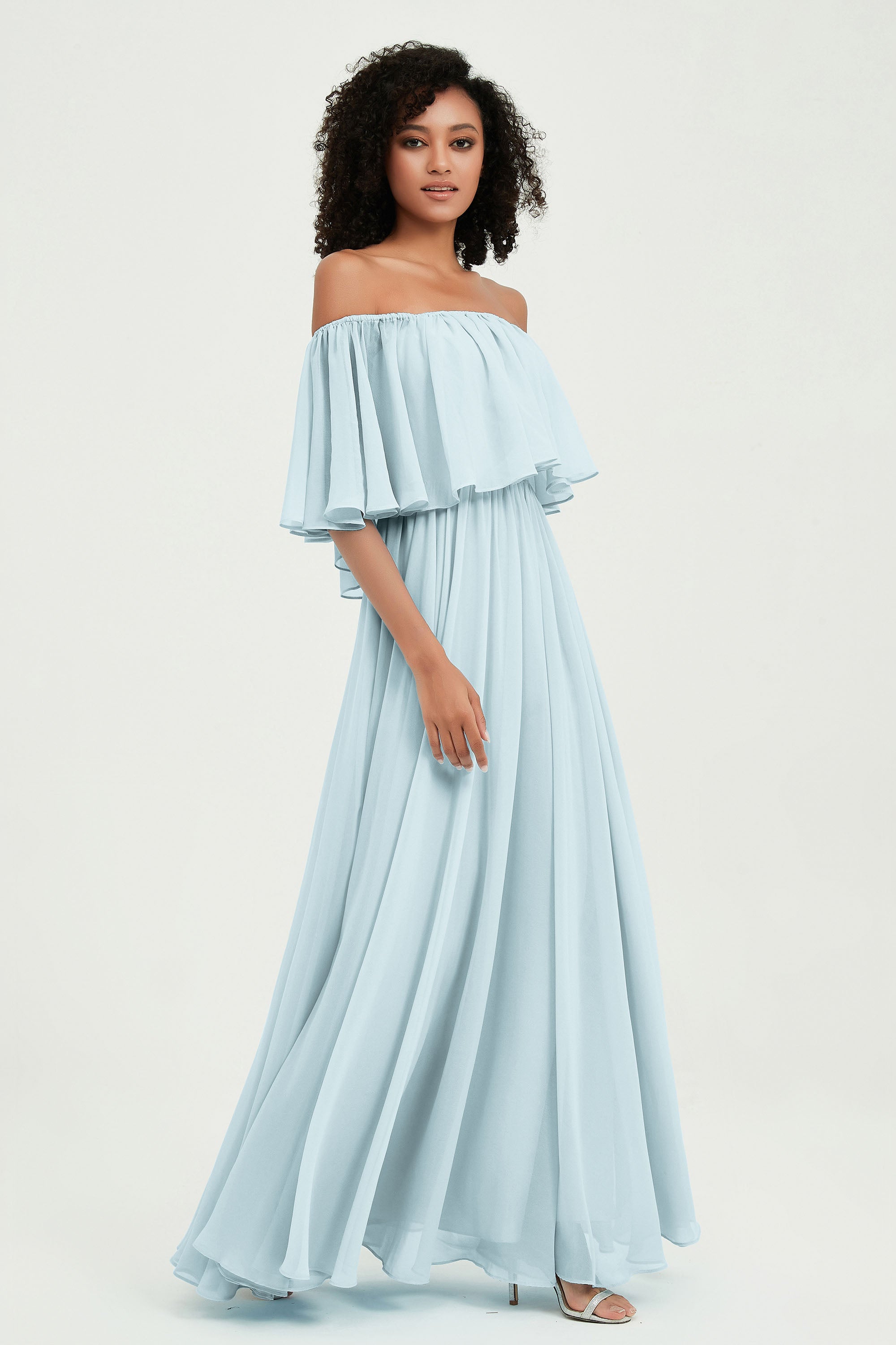Boho Bridesmaid Dresses Ruffles Flutter Sleeves Formal Evening Dress Chiffon Off the Shoulder Gowns