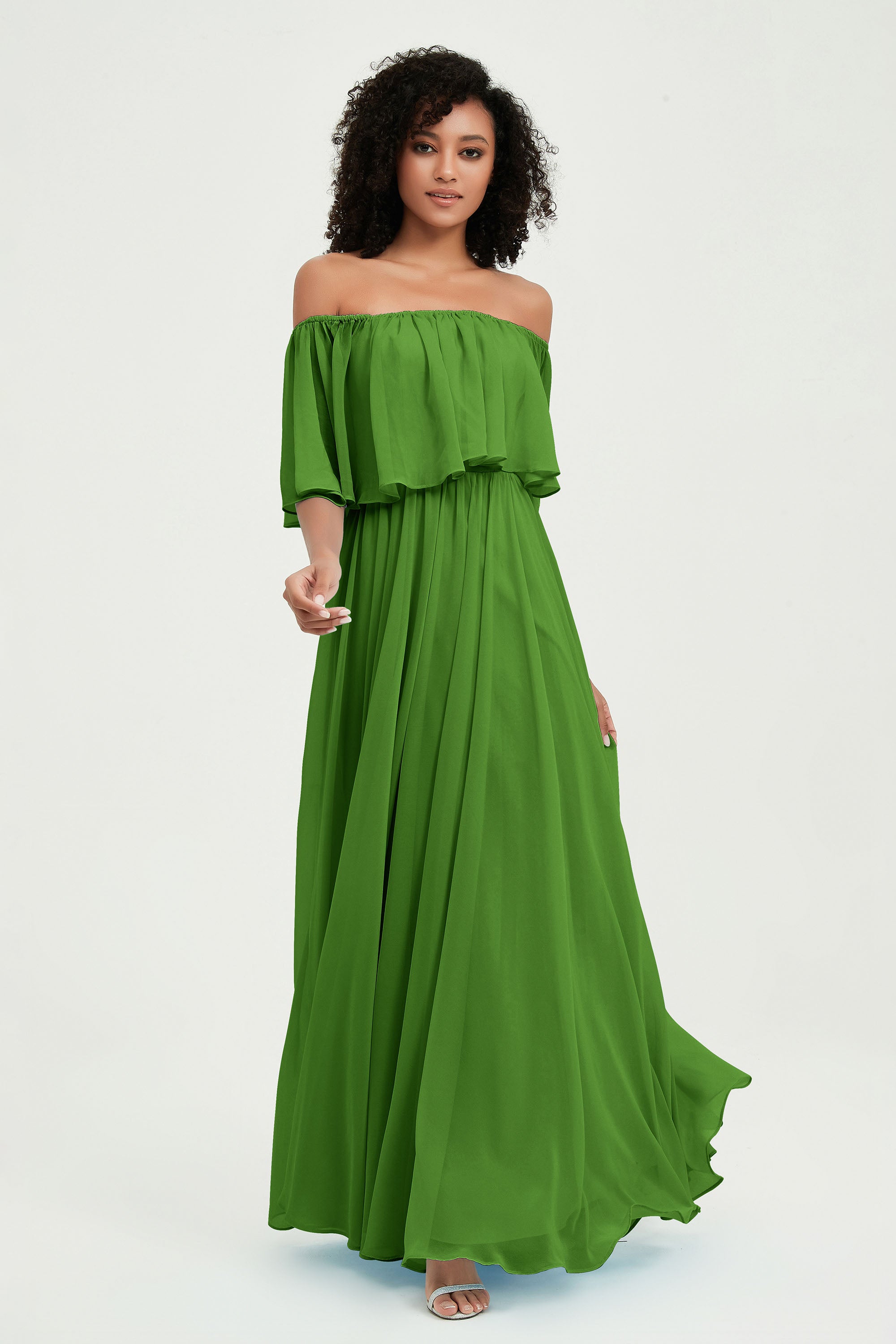 Boho Bridesmaid Dresses Ruffles Flutter Sleeves Formal Evening Dress Chiffon Off the Shoulder Gowns