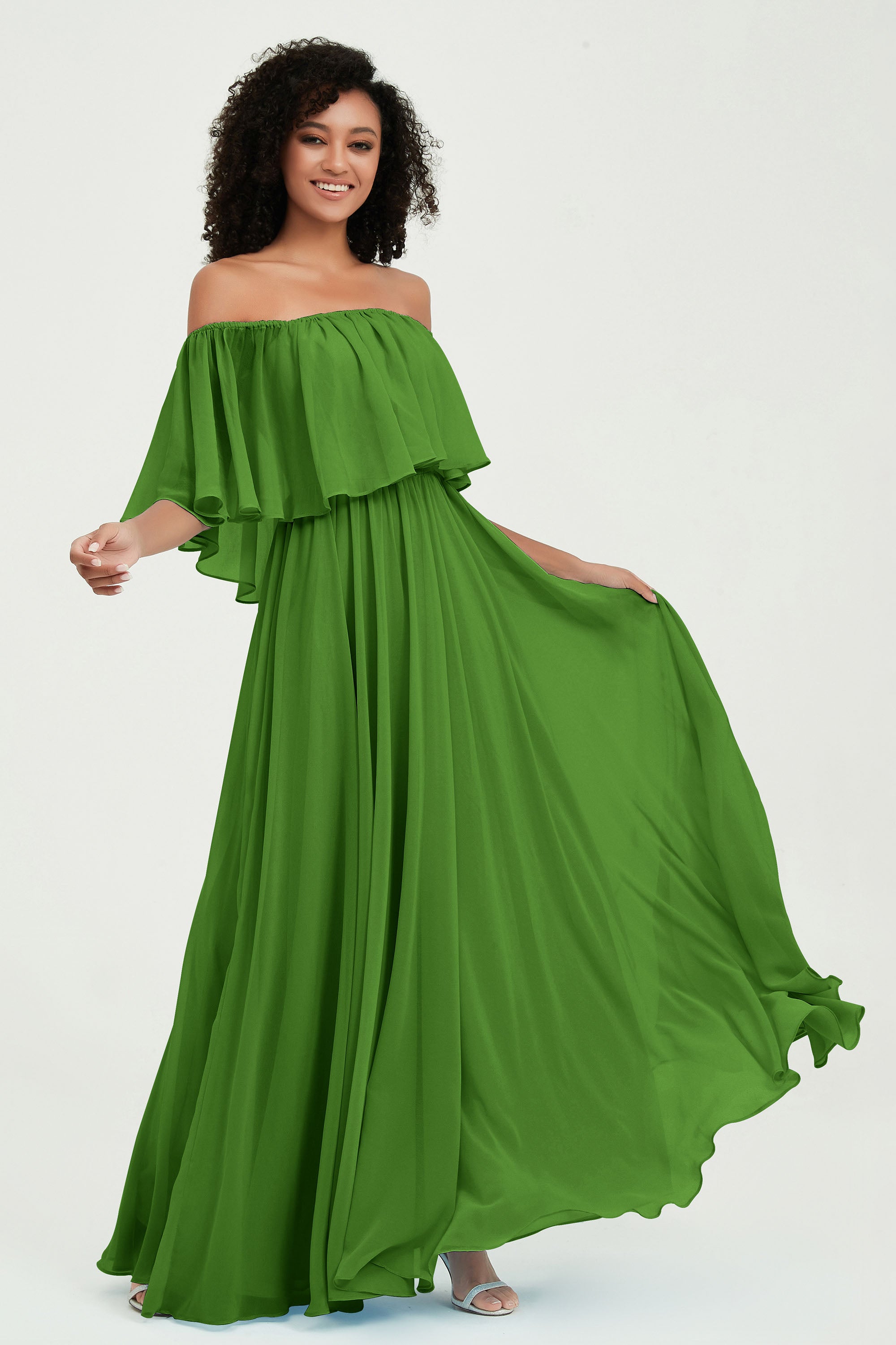 Boho Bridesmaid Dresses Ruffles Flutter Sleeves Formal Evening Dress Chiffon Off the Shoulder Gowns