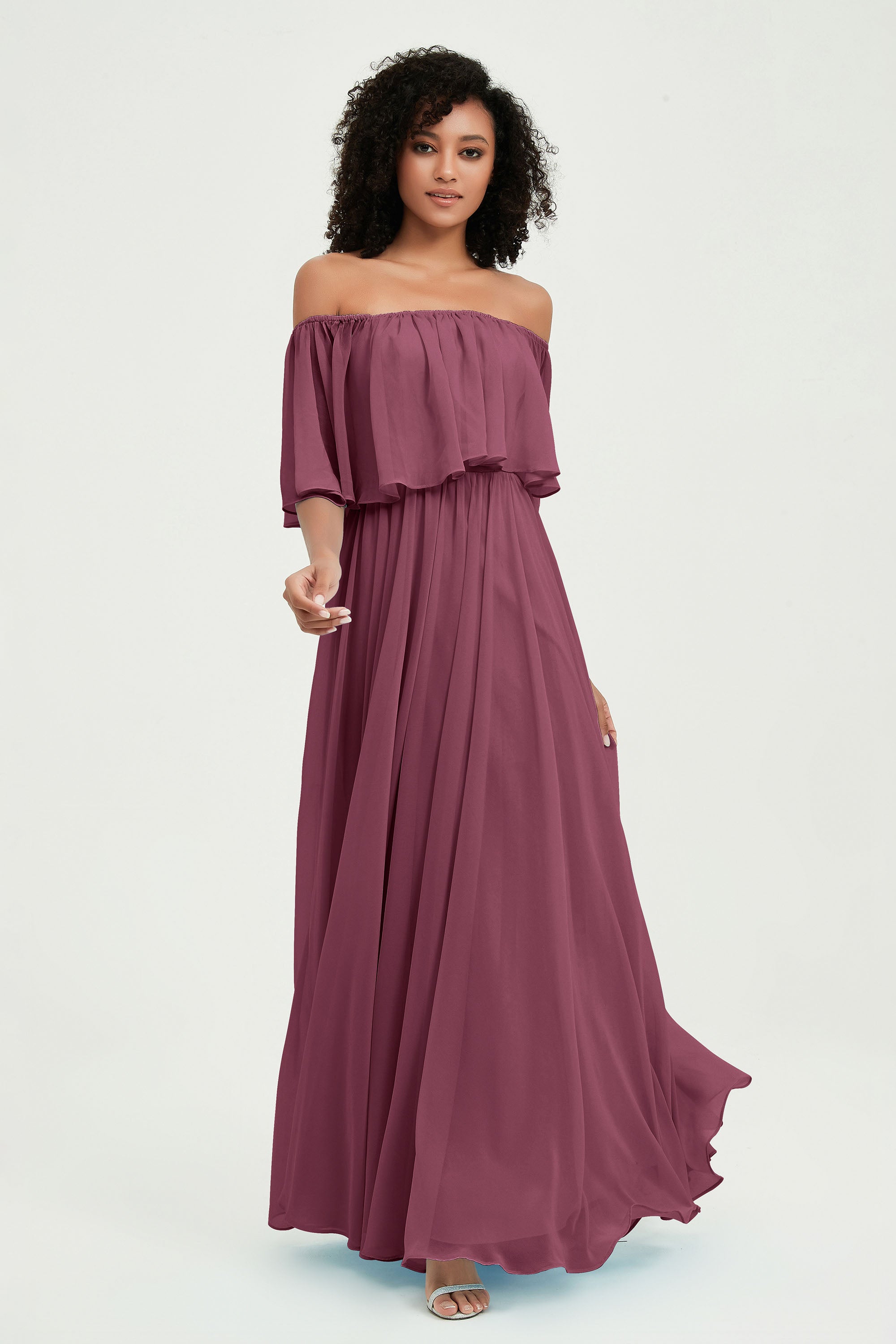 Boho Bridesmaid Dresses Ruffles Flutter Sleeves Formal Evening Dress Chiffon Off the Shoulder Gowns
