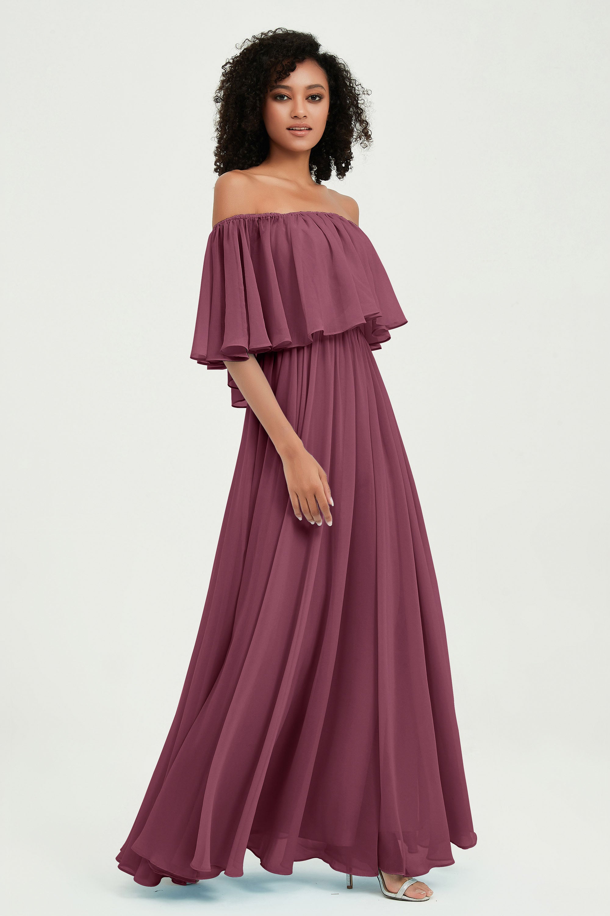 Boho Bridesmaid Dresses Ruffles Flutter Sleeves Formal Evening Dress Chiffon Off the Shoulder Gowns