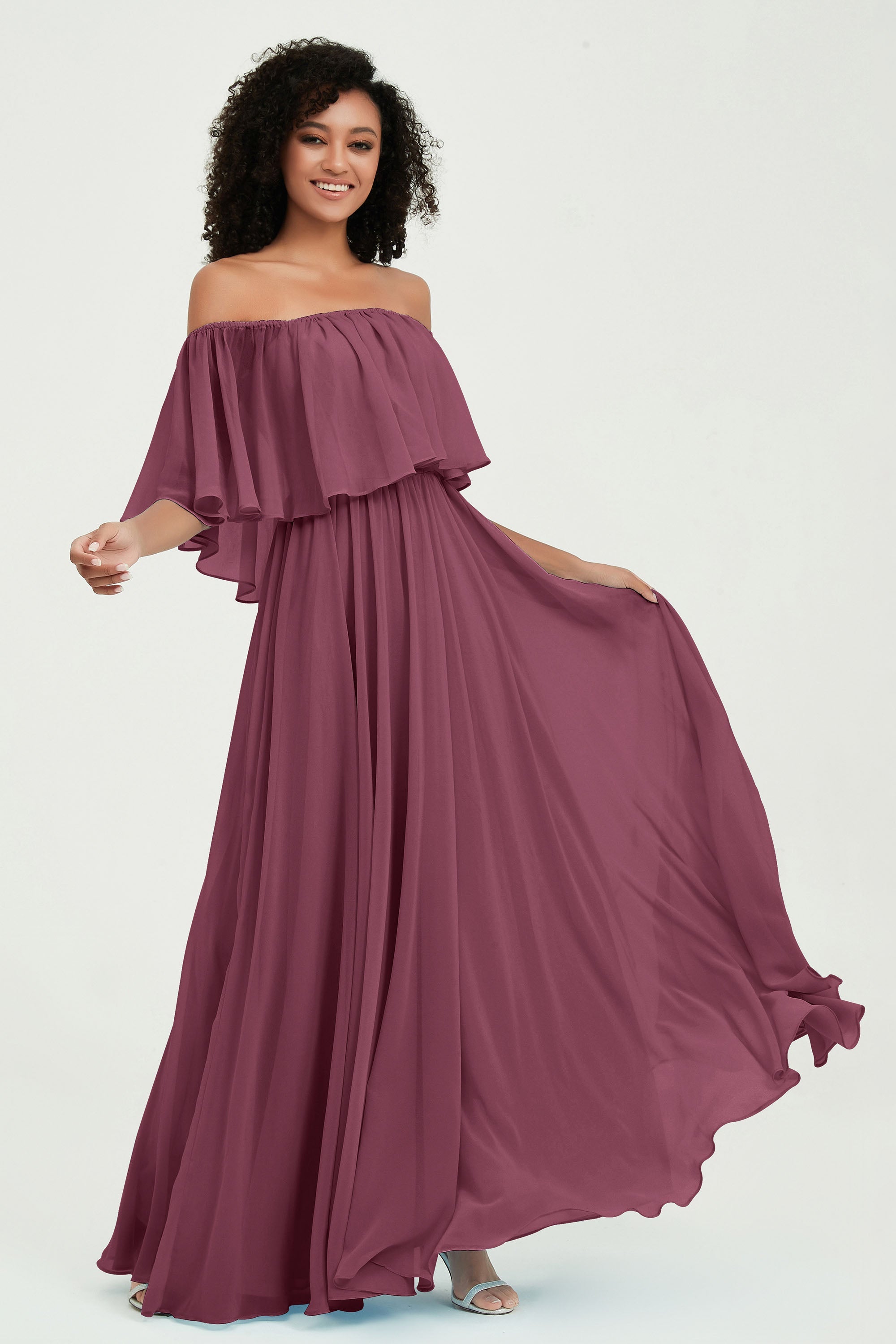Boho Bridesmaid Dresses Ruffles Flutter Sleeves Formal Evening Dress Chiffon Off the Shoulder Gowns