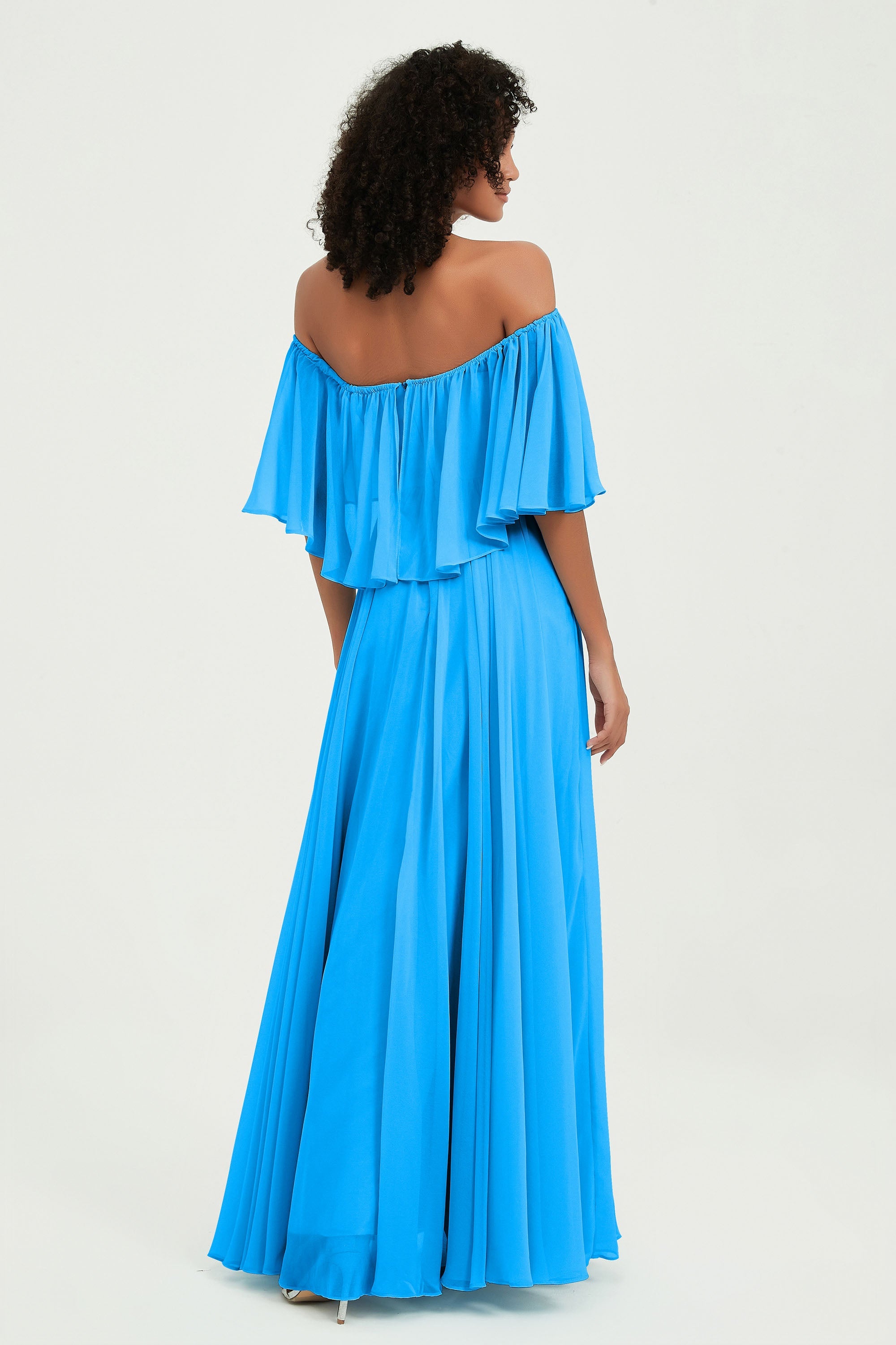 Boho Bridesmaid Dresses Ruffles Flutter Sleeves Formal Evening Dress Chiffon Off the Shoulder Gowns