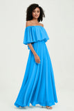 Boho Bridesmaid Dresses Ruffles Flutter Sleeves Formal Evening Dress Chiffon Off the Shoulder Gowns