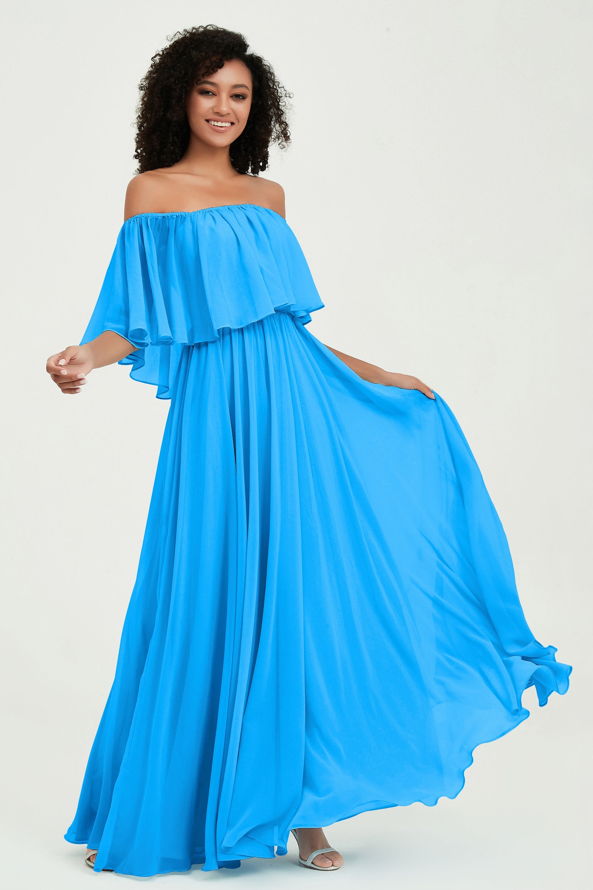 Boho Bridesmaid Dresses Ruffles Flutter Sleeves Formal Evening Dress Chiffon Off the Shoulder Gowns
