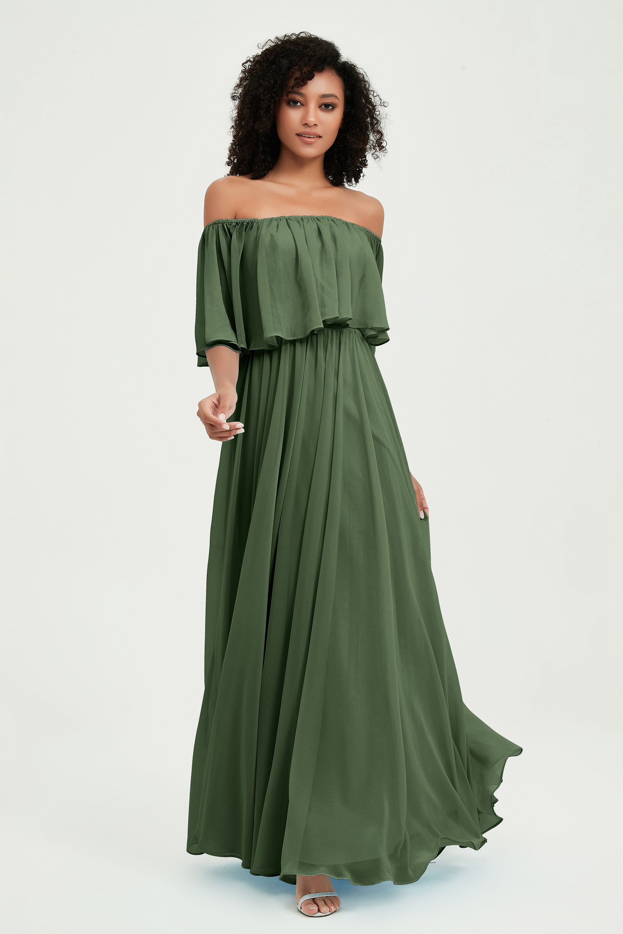 Boho Bridesmaid Dresses Ruffles Flutter Sleeves Formal Evening Dress Chiffon Off the Shoulder Gowns