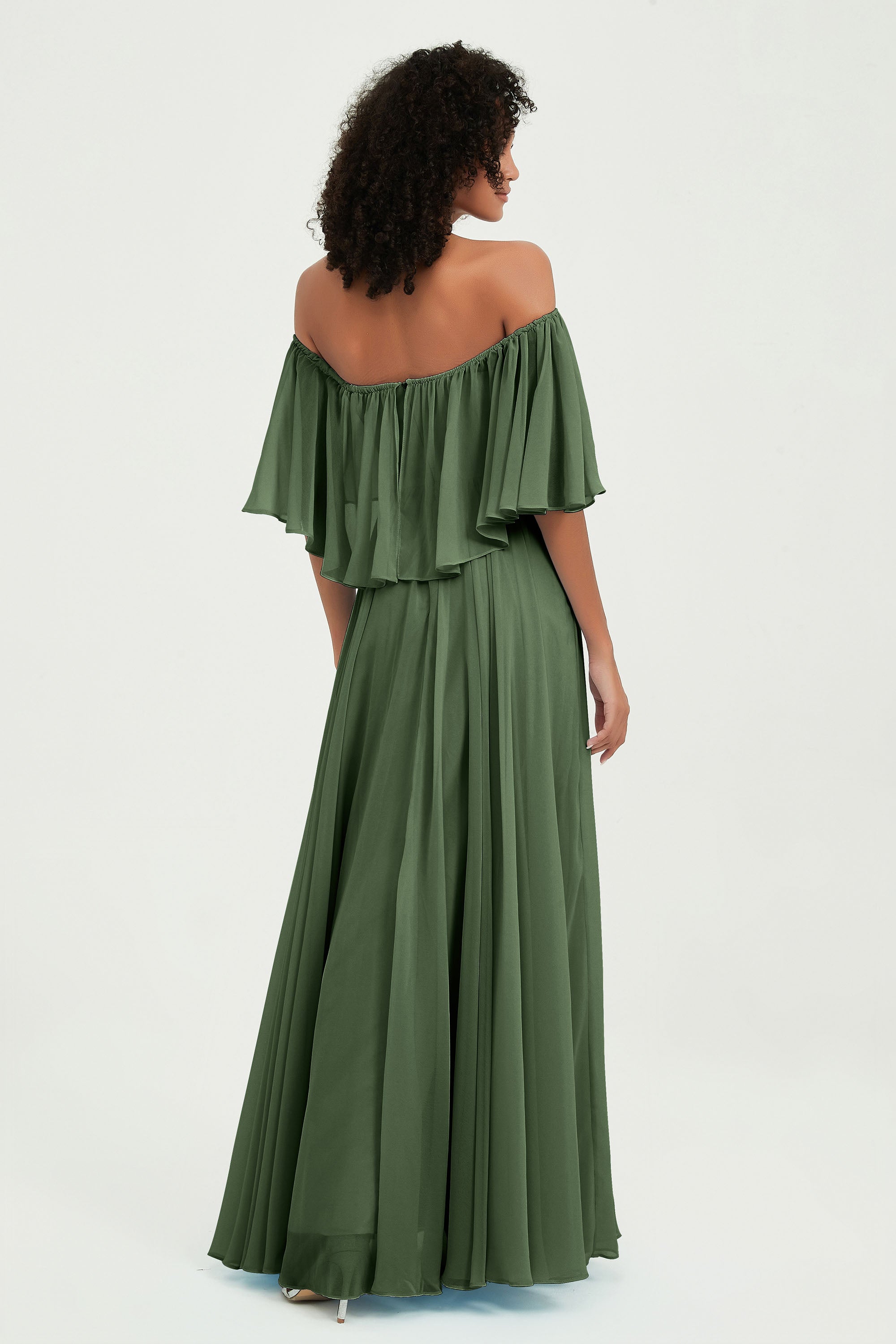 Boho Bridesmaid Dresses Ruffles Flutter Sleeves Formal Evening Dress Chiffon Off the Shoulder Gowns