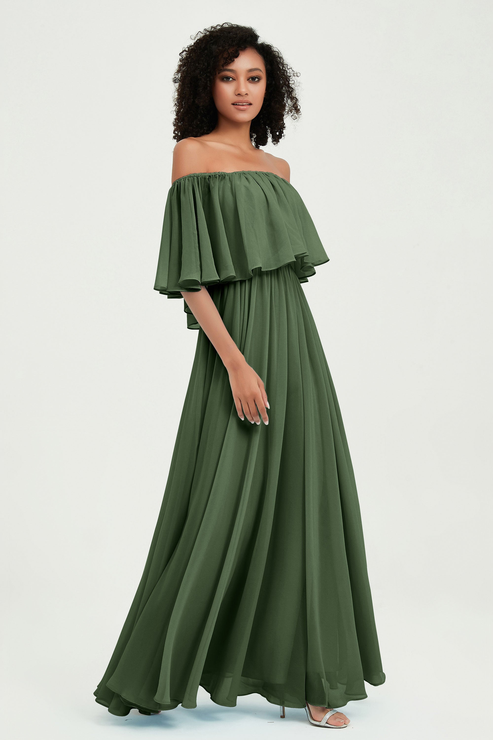 Boho Bridesmaid Dresses Ruffles Flutter Sleeves Formal Evening Dress Chiffon Off the Shoulder Gowns