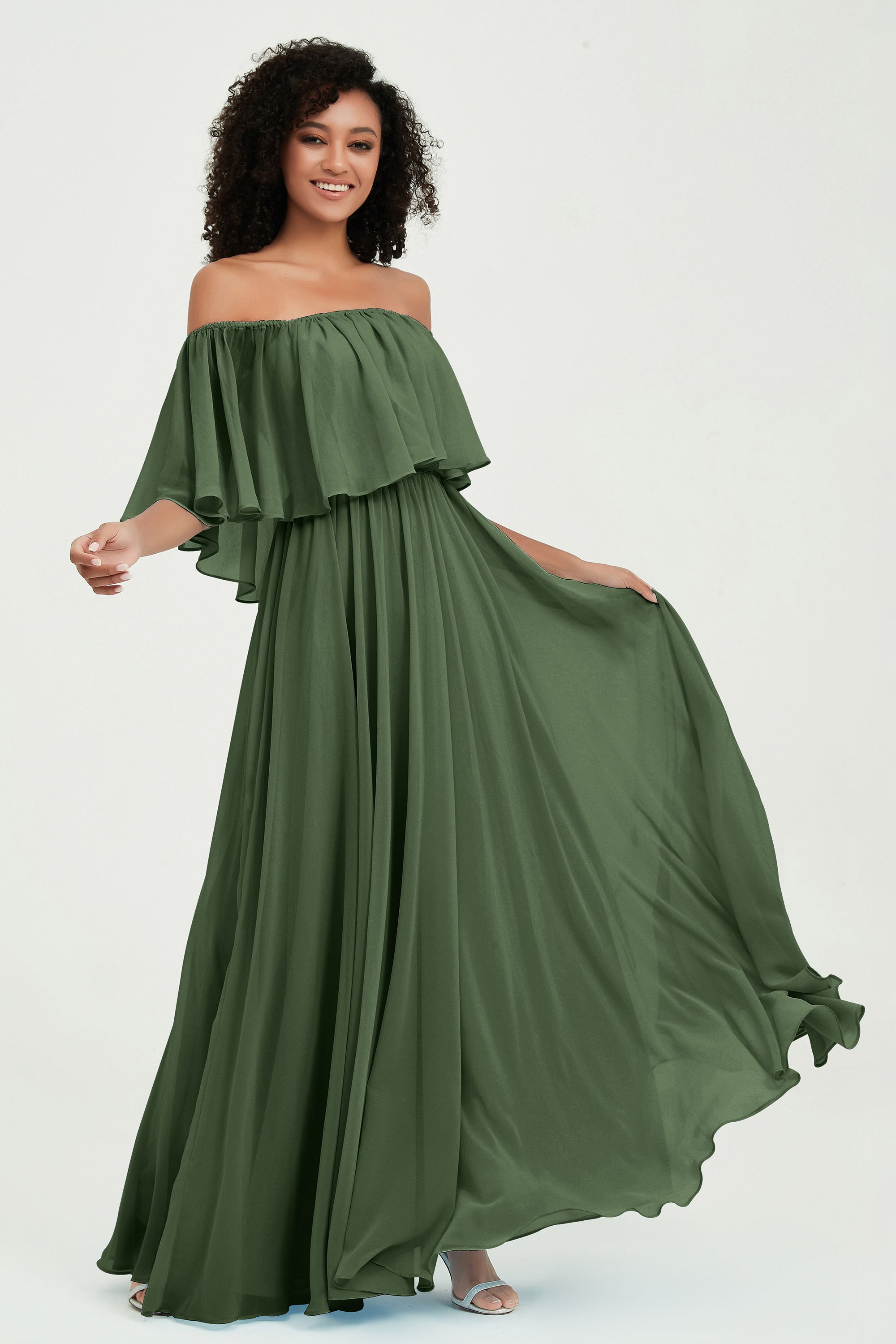 Boho Bridesmaid Dresses Ruffles Flutter Sleeves Formal Evening Dress Chiffon Off the Shoulder Gowns