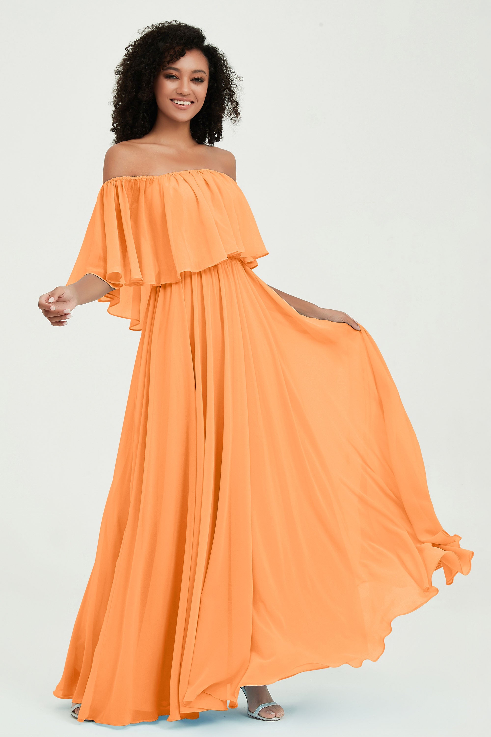 Boho Bridesmaid Dresses Ruffles Flutter Sleeves Formal Evening Dress Chiffon Off the Shoulder Gowns