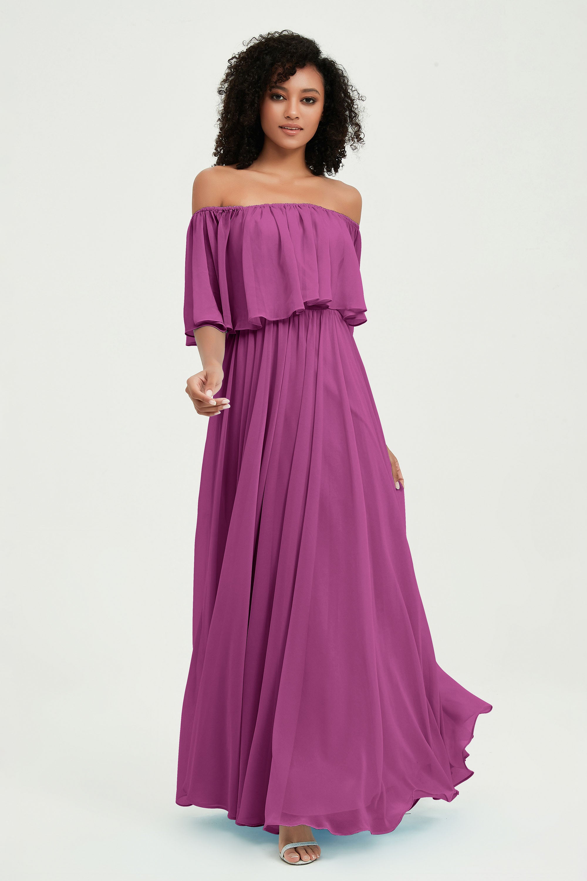 Boho Bridesmaid Dresses Ruffles Flutter Sleeves Formal Evening Dress Chiffon Off the Shoulder Gowns