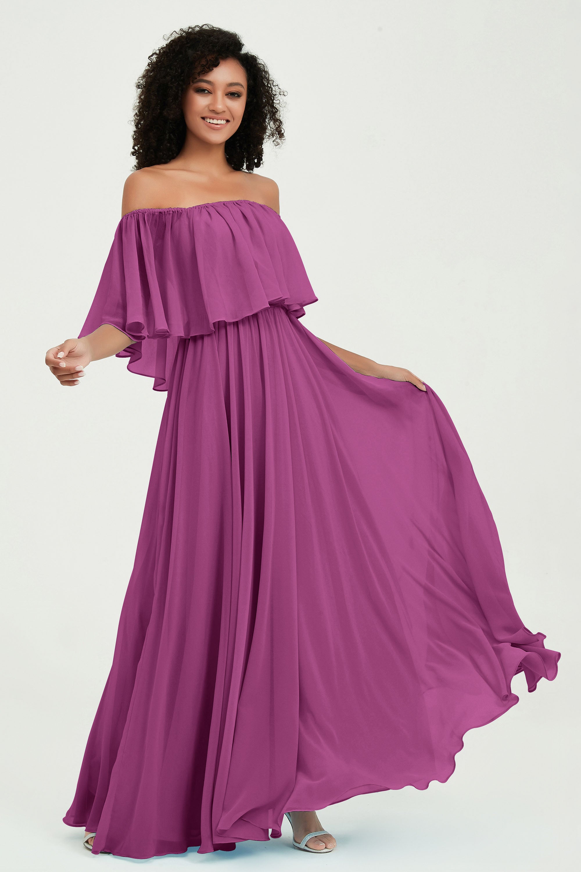 Boho Bridesmaid Dresses Ruffles Flutter Sleeves Formal Evening Dress Chiffon Off the Shoulder Gowns