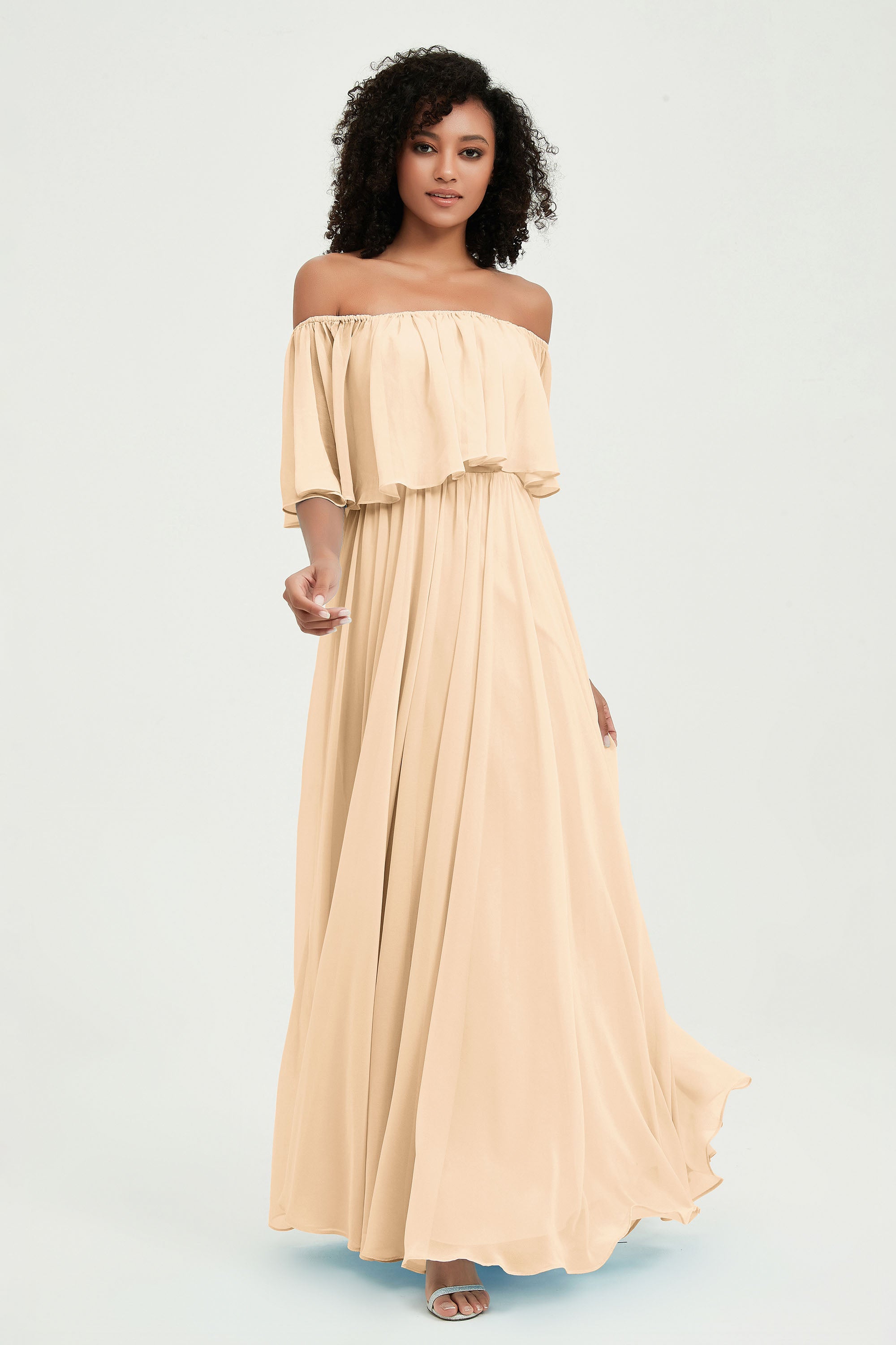 Boho Bridesmaid Dresses Ruffles Flutter Sleeves Formal Evening Dress Chiffon Off the Shoulder Gowns