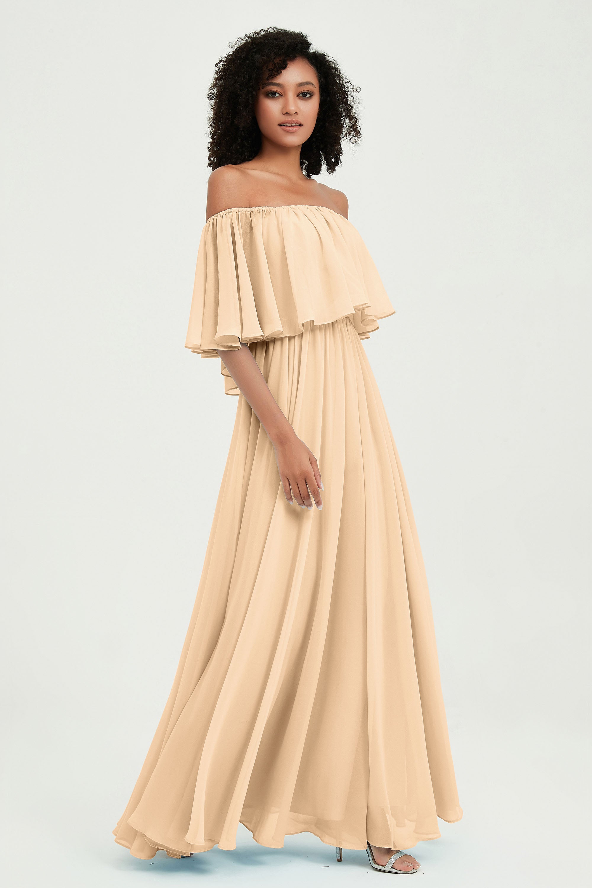 Boho Bridesmaid Dresses Ruffles Flutter Sleeves Formal Evening Dress Chiffon Off the Shoulder Gowns