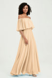 Boho Bridesmaid Dresses Ruffles Flutter Sleeves Formal Evening Dress Chiffon Off the Shoulder Gowns