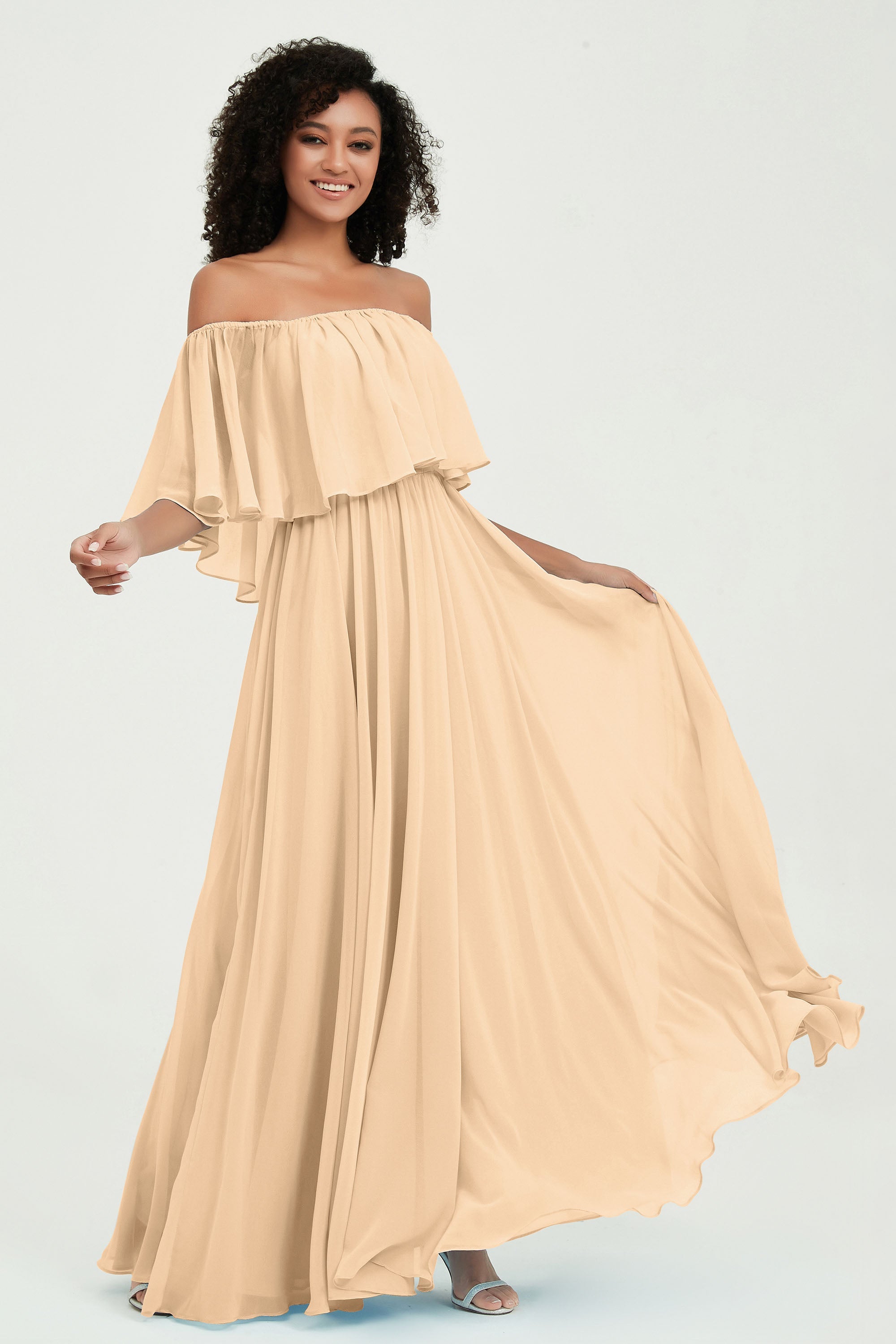 Boho Bridesmaid Dresses Ruffles Flutter Sleeves Formal Evening Dress Chiffon Off the Shoulder Gowns
