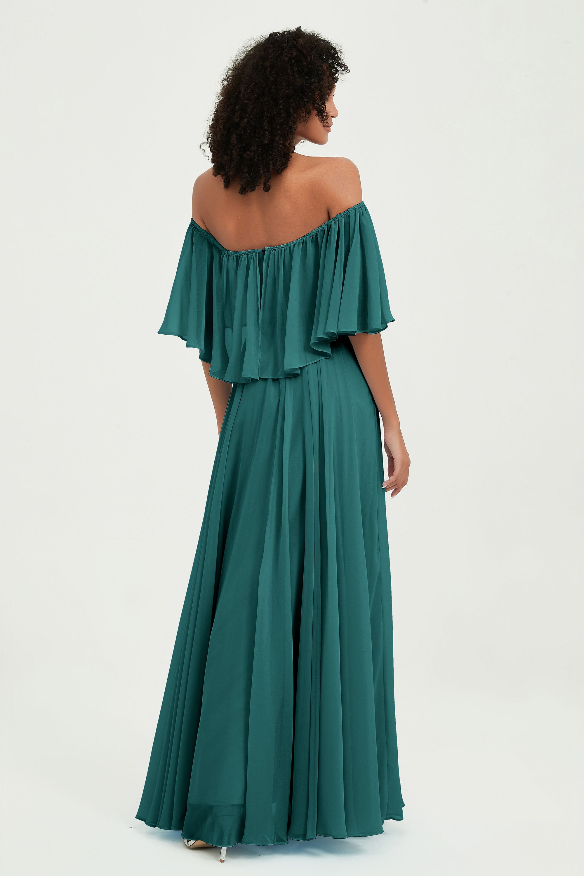 Boho Bridesmaid Dresses Ruffles Flutter Sleeves Formal Evening Dress Chiffon Off the Shoulder Gowns