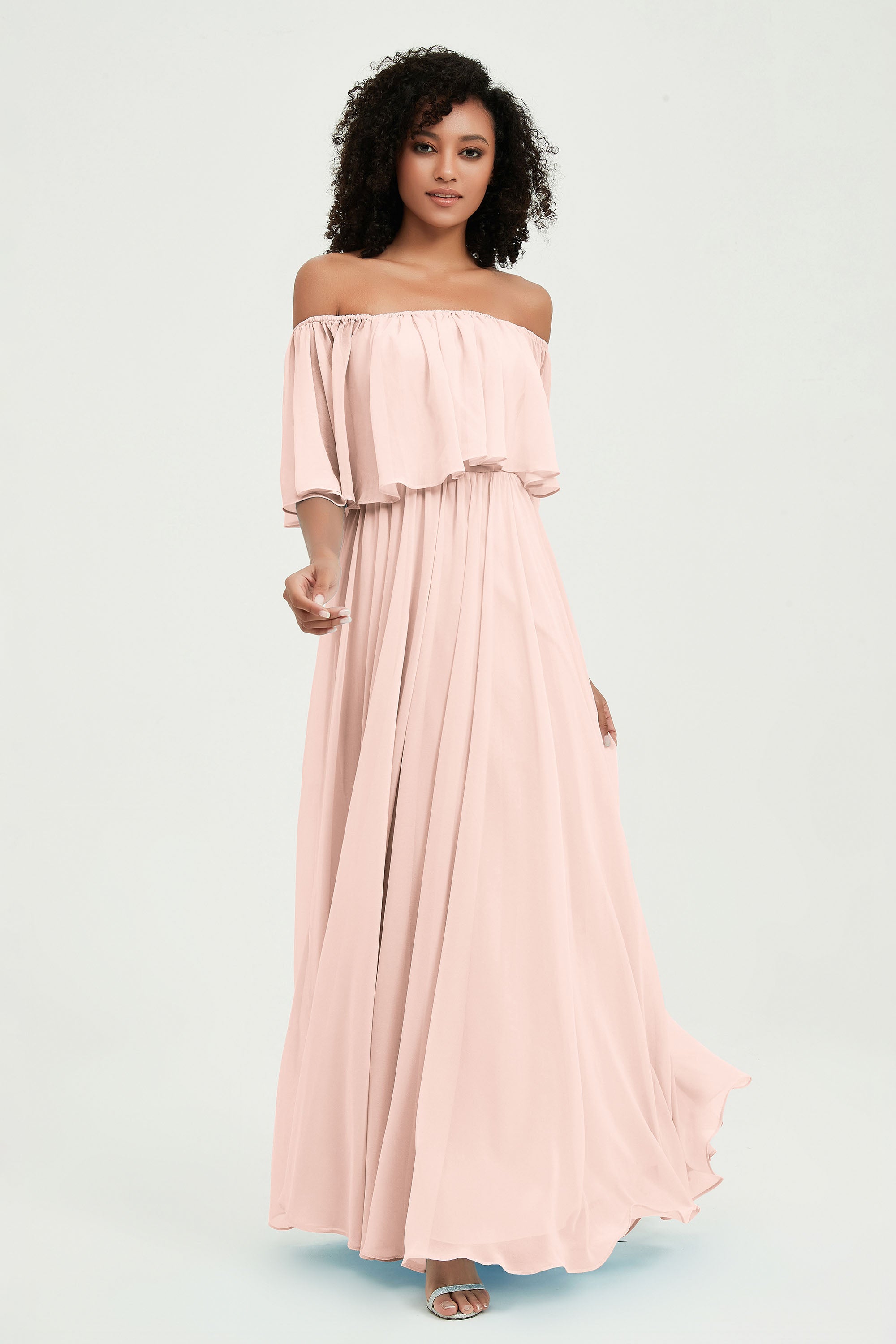 Boho Bridesmaid Dresses Ruffles Flutter Sleeves Formal Evening Dress Chiffon Off the Shoulder Gowns