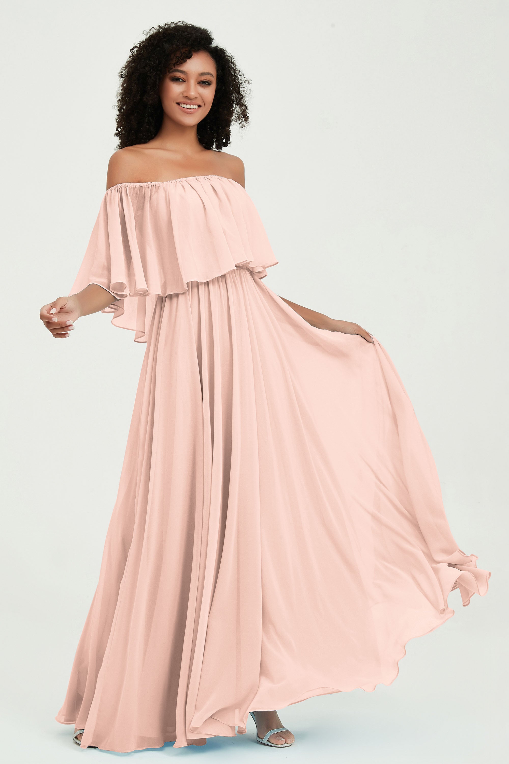 Boho Bridesmaid Dresses Ruffles Flutter Sleeves Formal Evening Dress Chiffon Off the Shoulder Gowns