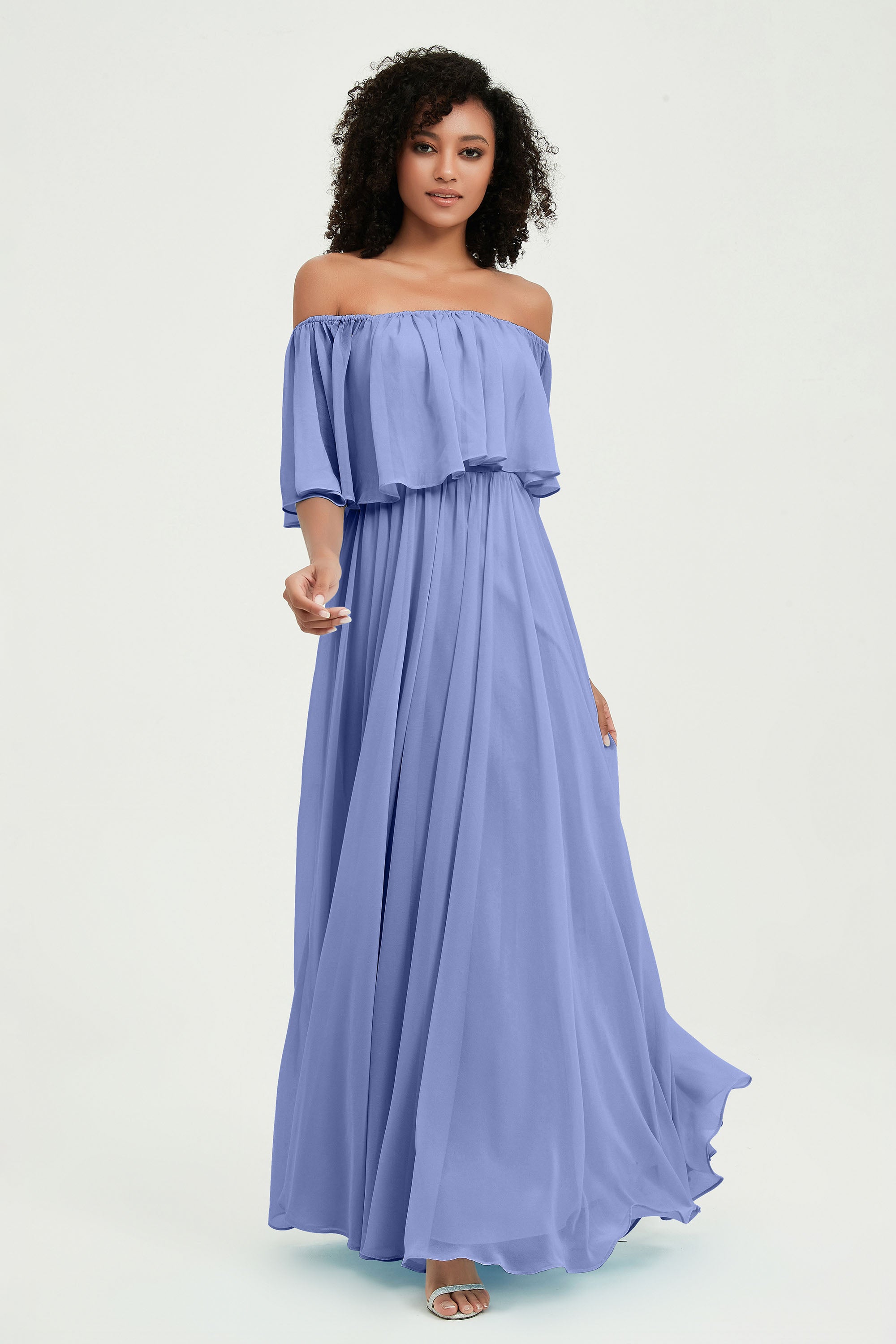 Boho Bridesmaid Dresses Ruffles Flutter Sleeves Formal Evening Dress Chiffon Off the Shoulder Gowns