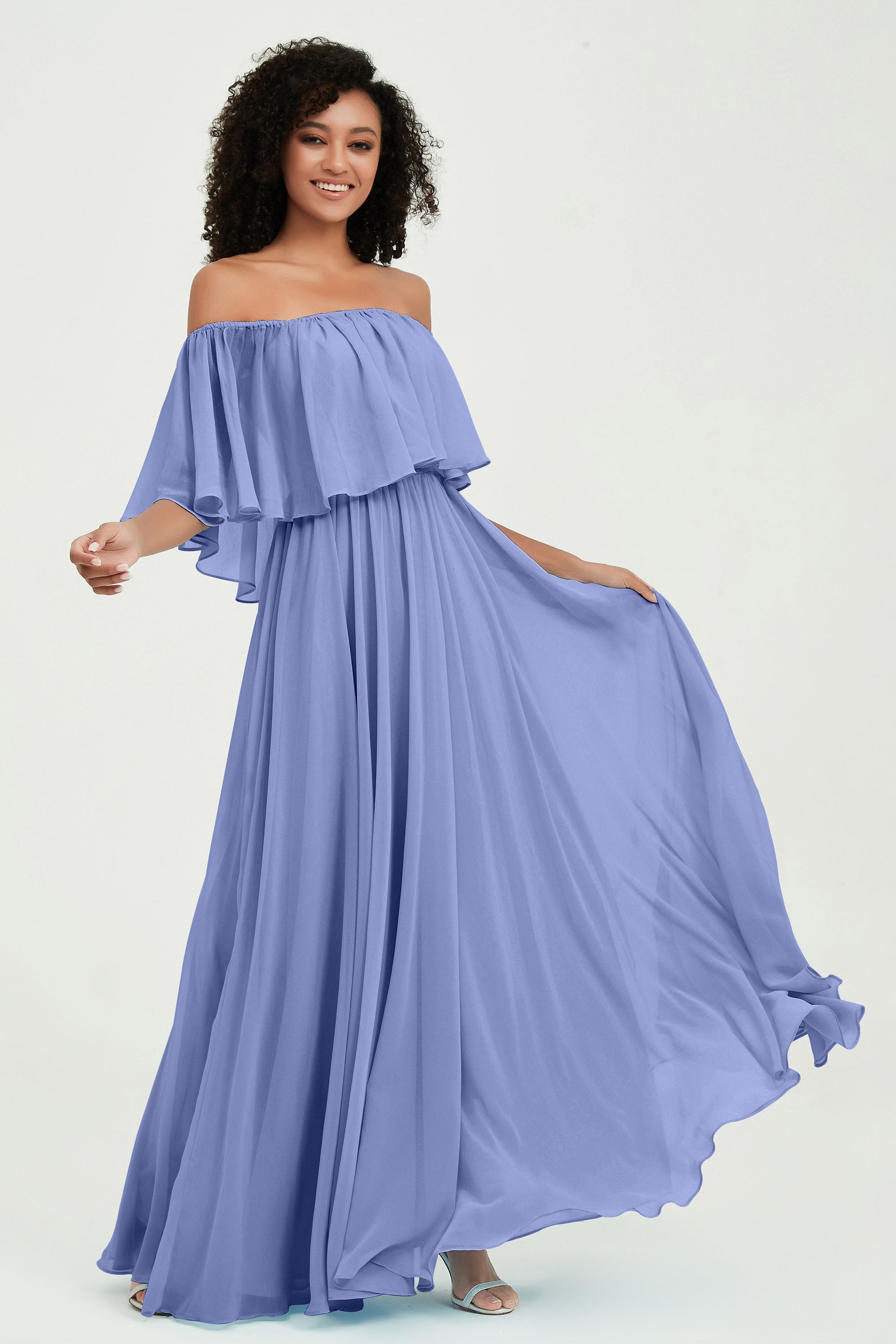 Boho Bridesmaid Dresses Ruffles Flutter Sleeves Formal Evening Dress Chiffon Off the Shoulder Gowns