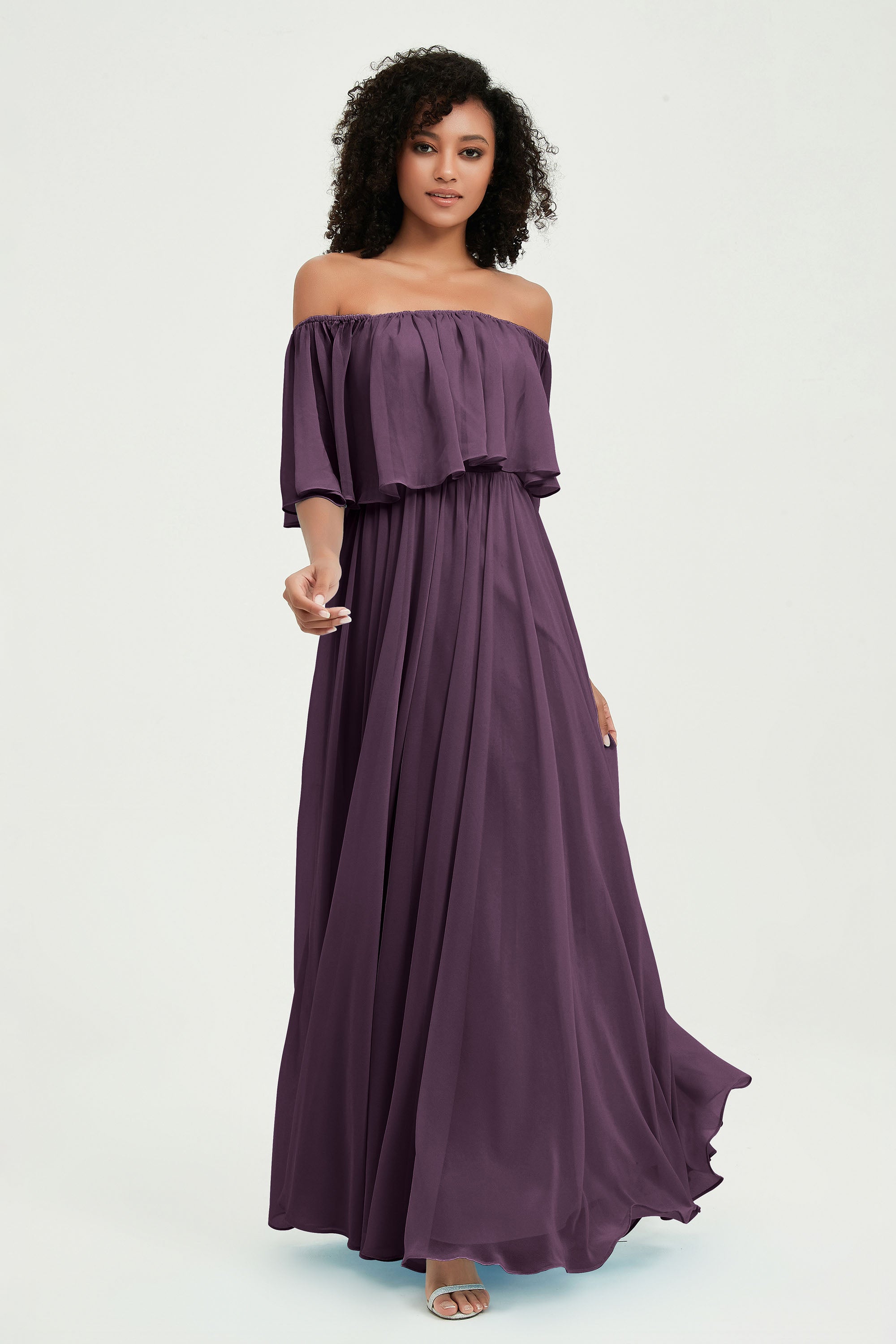 Boho Bridesmaid Dresses Ruffles Flutter Sleeves Formal Evening Dress Chiffon Off the Shoulder Gowns